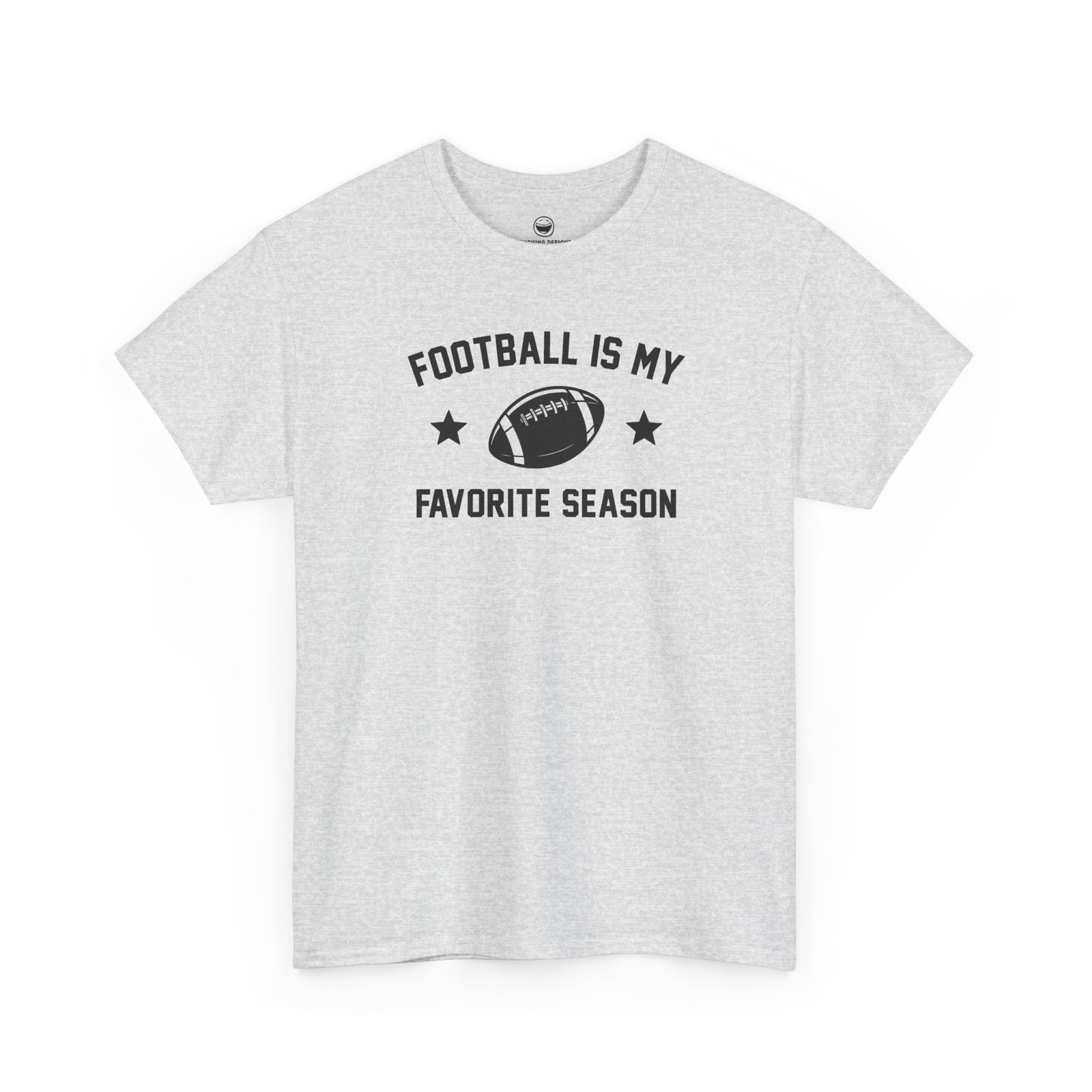 Fun Football Is My Favorite Season T-Shirt with varsity text reading "FOOTBALL IS MY FAVORITE SEASON" surrounding a football graphic and accent stars, printed on a Ash Gray color cotton shirt.