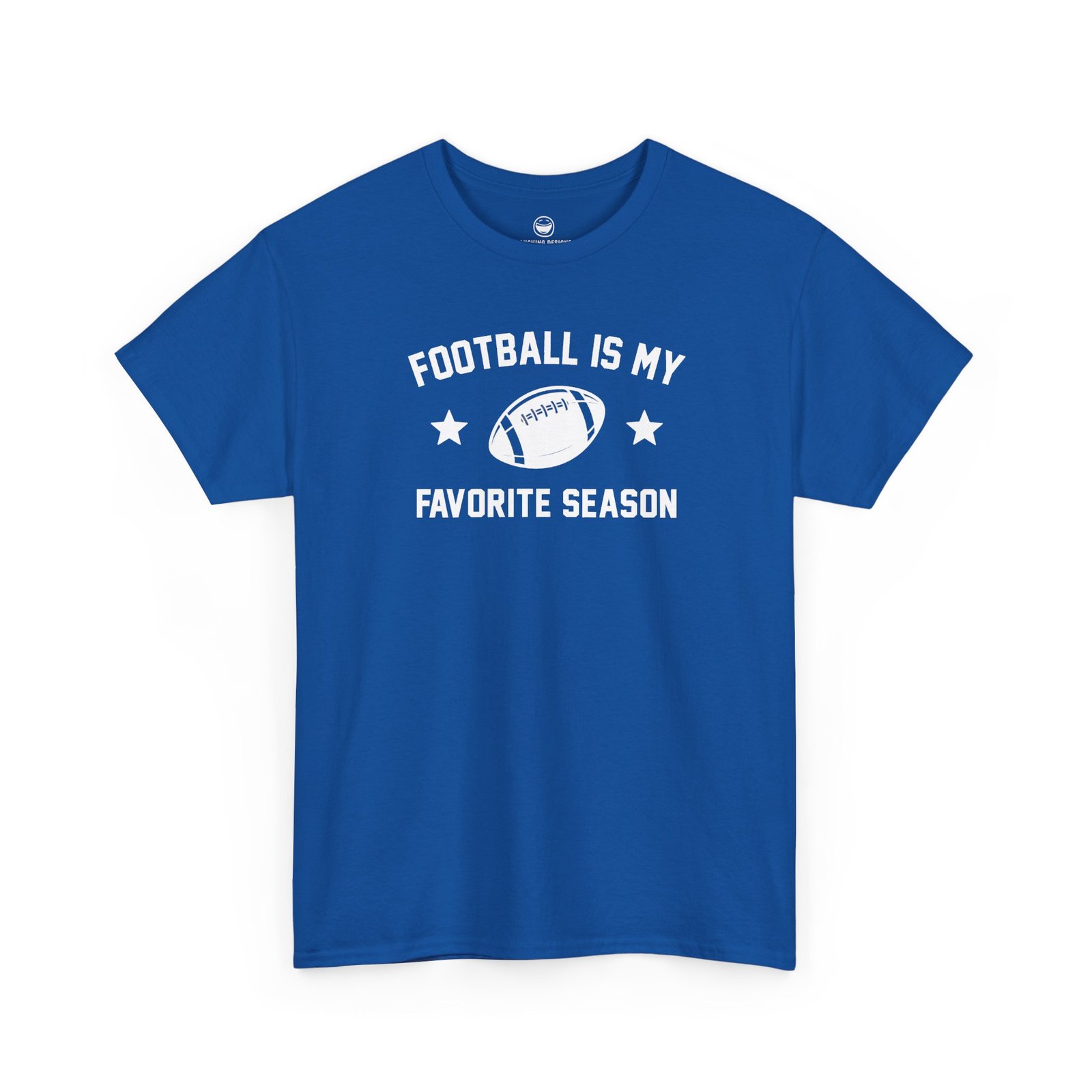 Fun Football Is My Favorite Season T-Shirt with varsity text reading "FOOTBALL IS MY FAVORITE SEASON" surrounding a football graphic and accent stars, printed on a Royal Blue color cotton shirt.