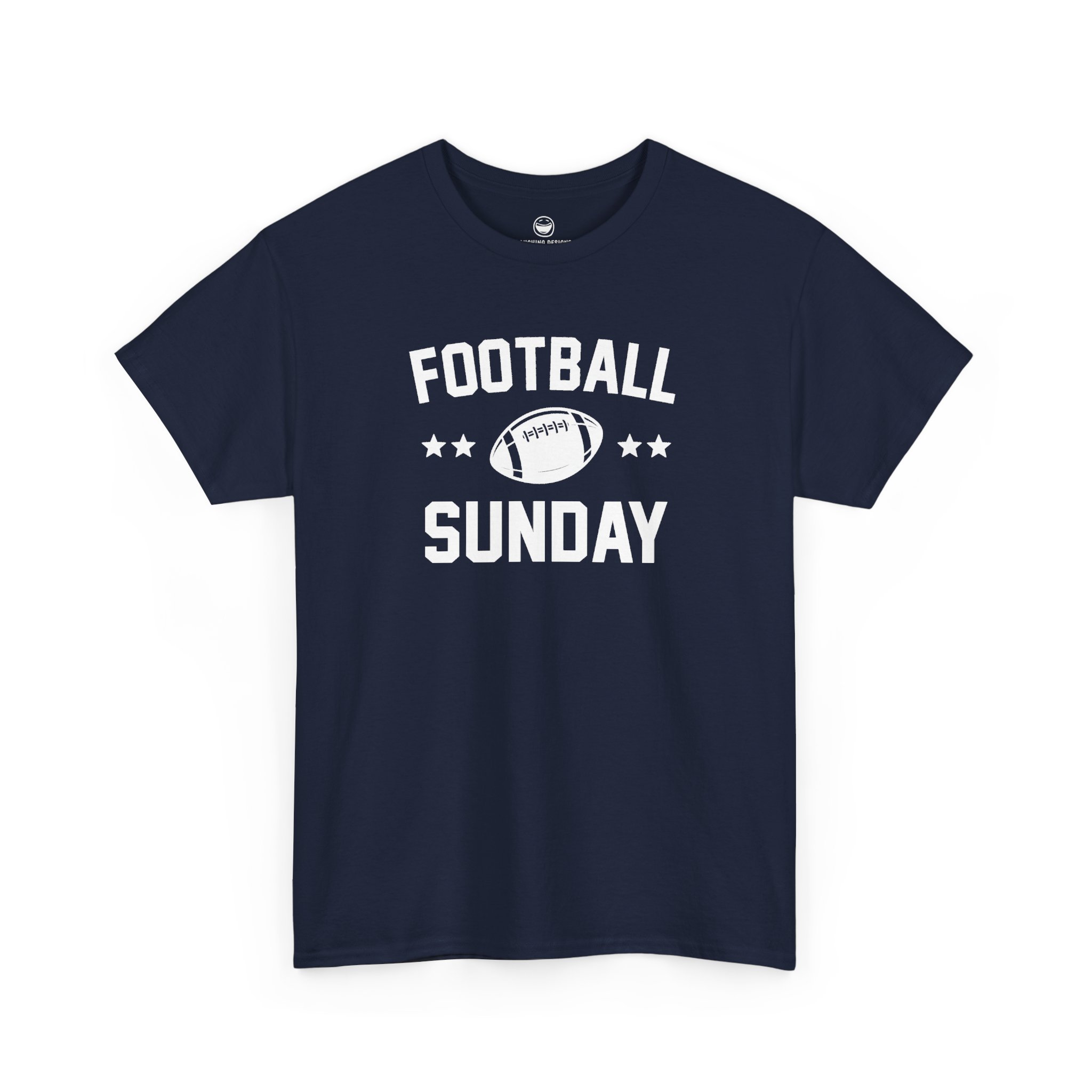 Football Sunday T-Shirt with varsity text reading "FOOTBALL SUNDAY" arched around a detailed football graphic flanked by two stars on each side, printed on a Navy Blue color cotton shirt.
