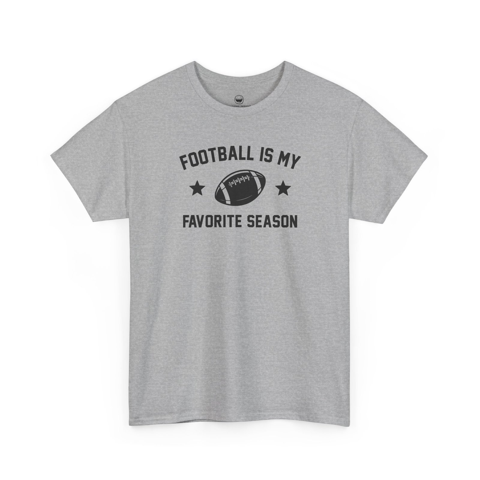 Fun Football Is My Favorite Season T-Shirt with varsity text reading "FOOTBALL IS MY FAVORITE SEASON" surrounding a football graphic and accent stars, printed on a Sport Gray color cotton shirt.