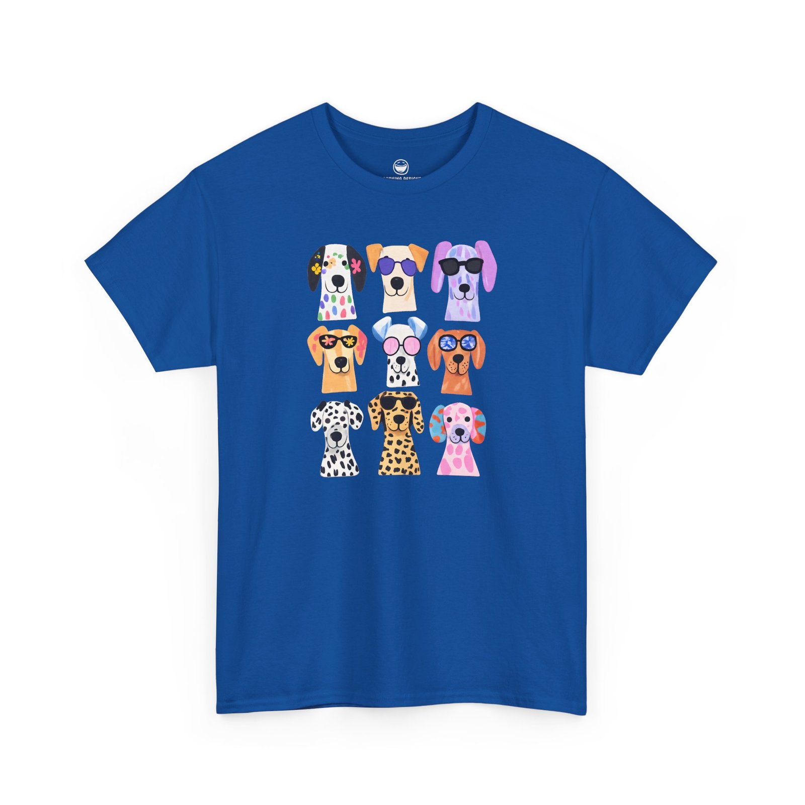 Cute dogs t-shirt with a playful grid of nine colorful, stylized puppy faces featuring bright patterns and fun sunglasses, printed on a Royal Blue color cotton shirt.