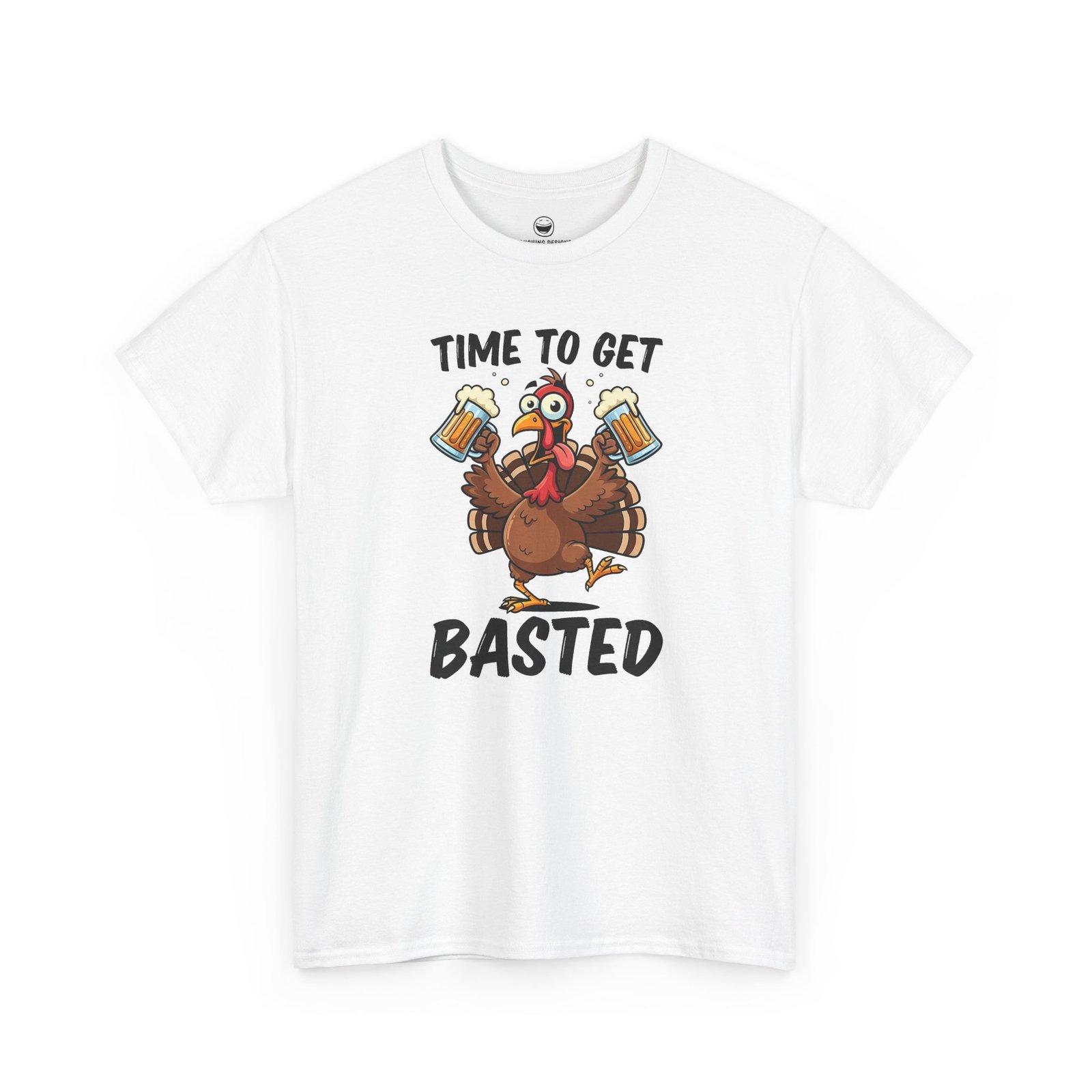 Time To Get Basted Turkey T-Shirt with a cheerful cartoon turkey holding two frothy beer mugs framed by text reading "TIME TO GET BASTED", printed on a White color cotton shirt.