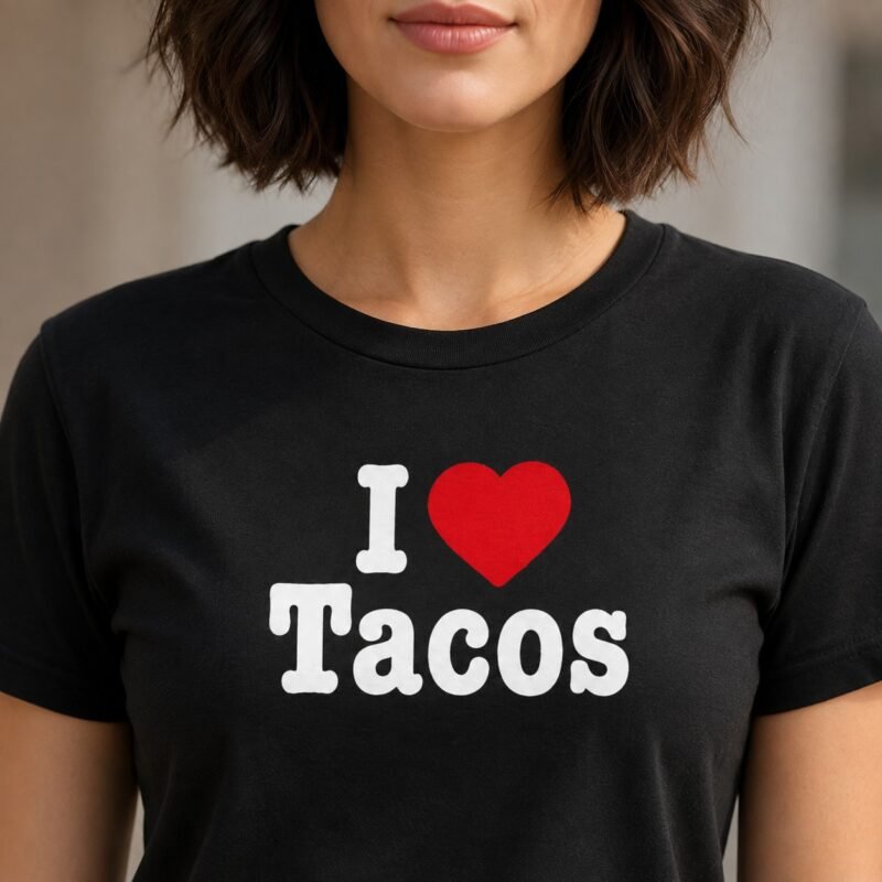 I Love Tacos T-Shirt by Laughing Designs, female model wearing a black shirt with white text and a red heart graphic.