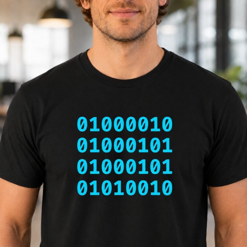 Male model wearing the Binary Code T-Shirt from Laughing Designs in black with cyan binary numbers spelling beer.