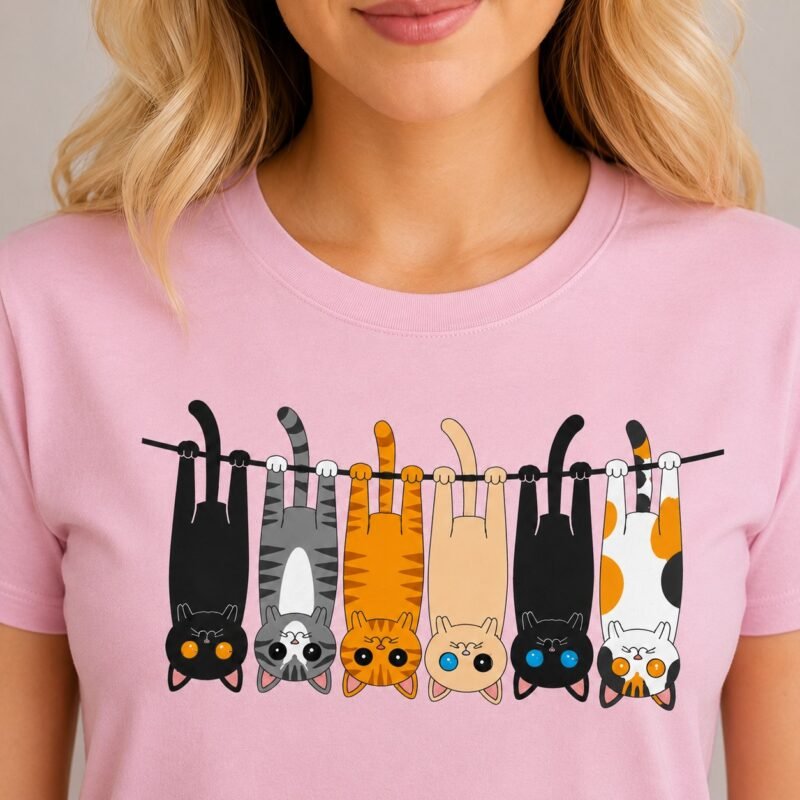 Hanging Cats on a Clothesline T-Shirt by Laughing Designs, female model wearing a light pink shirt with colorful cartoon cats hanging upside down on a clothesline.