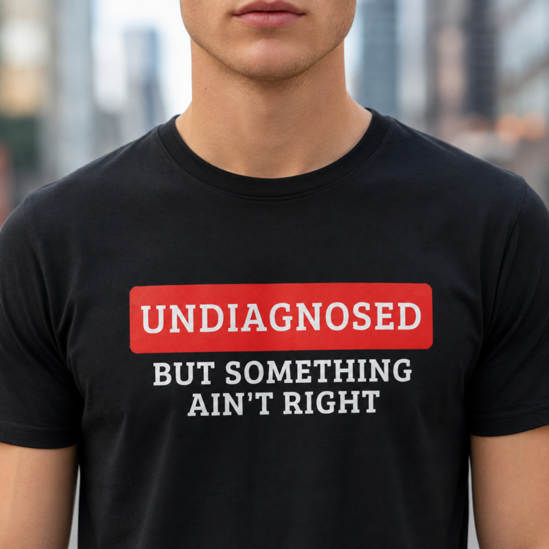 Undiagnosed But Something Ain't Right T-Shirt by Laughing Designs, male model wearing a black shirt with a red bar graphic reading UNDIAGNOSED and text reading BUT SOMETHING AIN'T RIGHT.