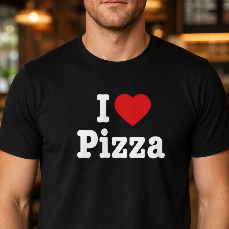 I love Pizza T-Shirt by Laughing Designs, male model wearing a black shirt with white text reading Pizza and a red heart graphic.