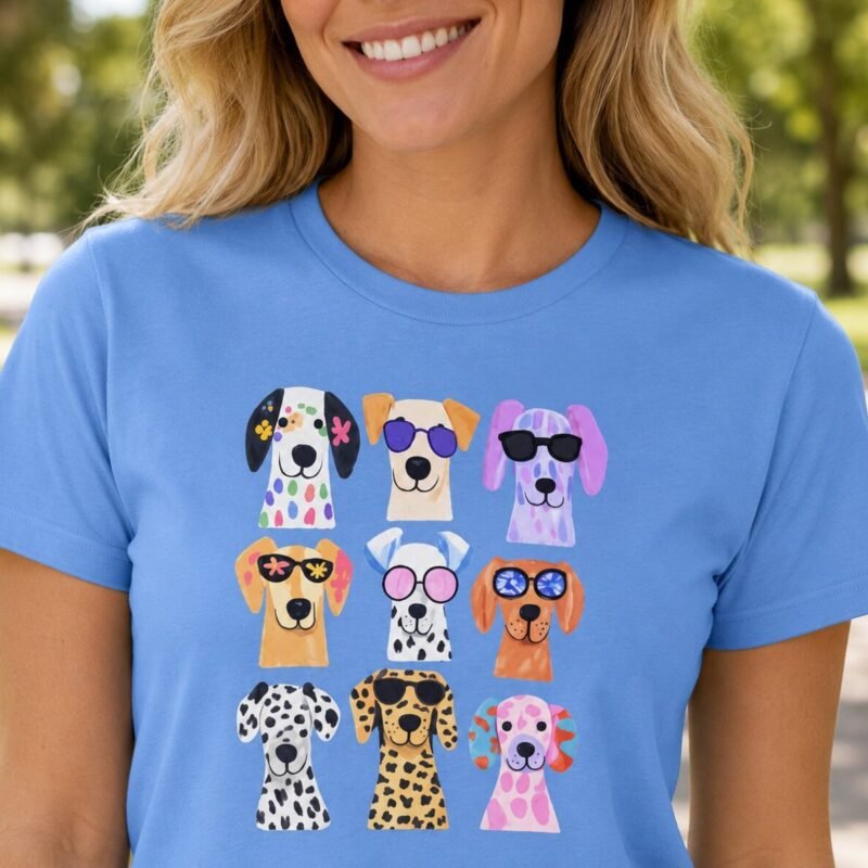 Cute Dogs T-shirt by Laughing Designs, female model wearing a Carolina blue shirt with a grid of colorful watercolor dogs wearing sunglasses.