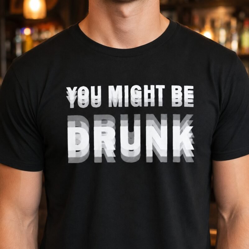 You Might Be Drunk T-Shirt by Laughing Designs, male model wearing a Black color shirt with blurry double-vision text reading You Might Be Drunk.