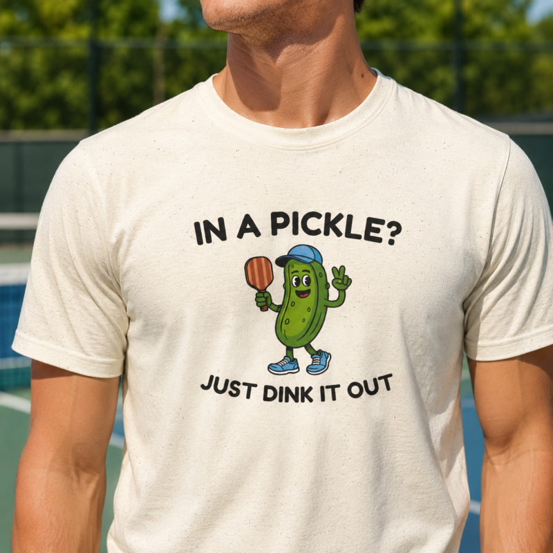 Funny Pickleball T-Shirt by Laughing Designs, male model wearing an natural cream color shirt with a cartoon pickle holding a paddle reading IN A PICKLE? JUST DINK IT OUT.