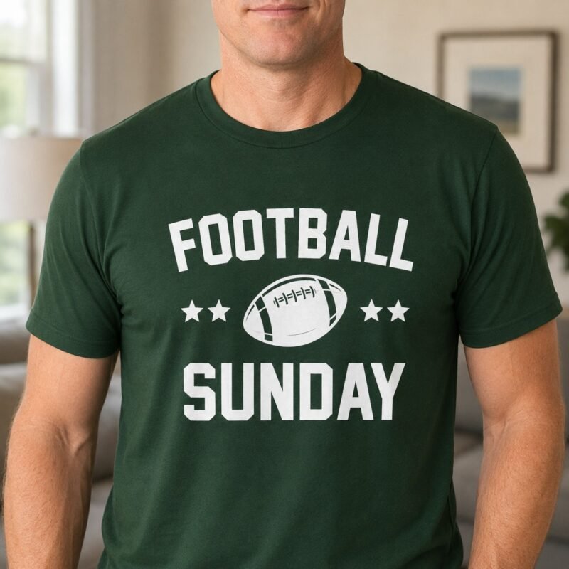 Football Sunday T-Shirt by Laughing Designs, male model wearing a forest green shirt with white athletic text, star accents, and football graphic.