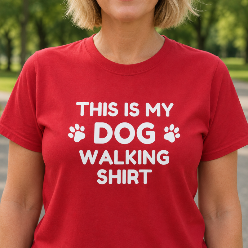 Dog Walking T-Shirt by Laughing Designs, female model wearing a red shirt with white text reading This Is My Dog Walking Shirt and paw print icons.