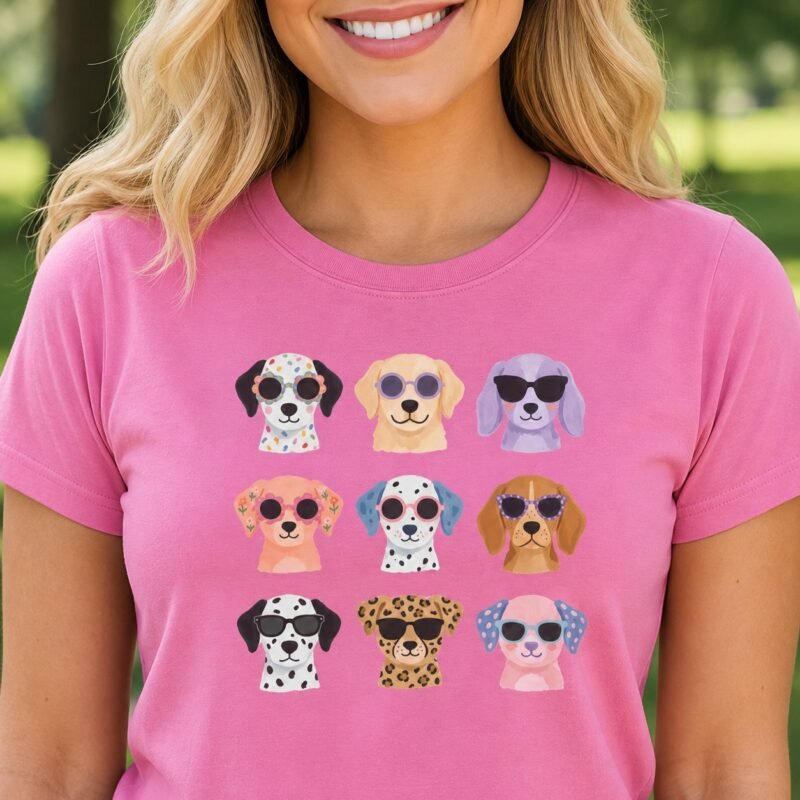 Dog Wearing Sunglasses T-Shirt by Laughing Designs, female model wearing an azalea pink shirt with a grid of colorful watercolor puppies wearing sunglasses.