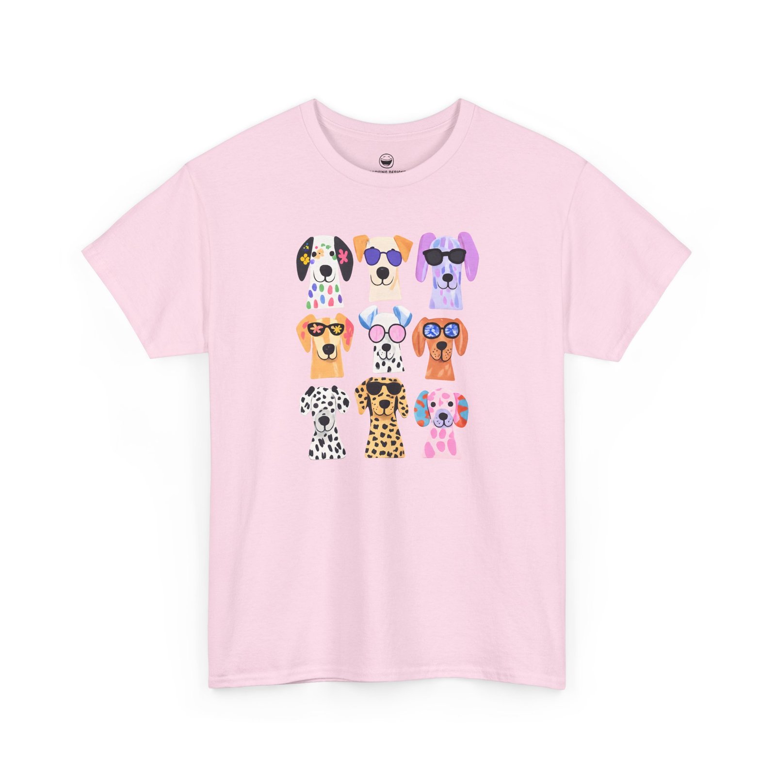 Cute dogs t-shirt with a playful grid of nine colorful, stylized puppy faces featuring bright patterns and fun sunglasses, printed on a Light Pink color cotton shirt.