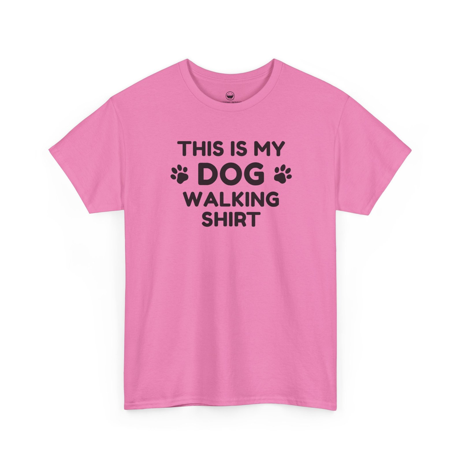 Funny Dog Walking T-Shirt with clean text reading "THIS IS MY DOG WALKING SHIRT" stacked across four lines with paw print icons flanking the word "DOG", printed on a Azalea color cotton shirt.