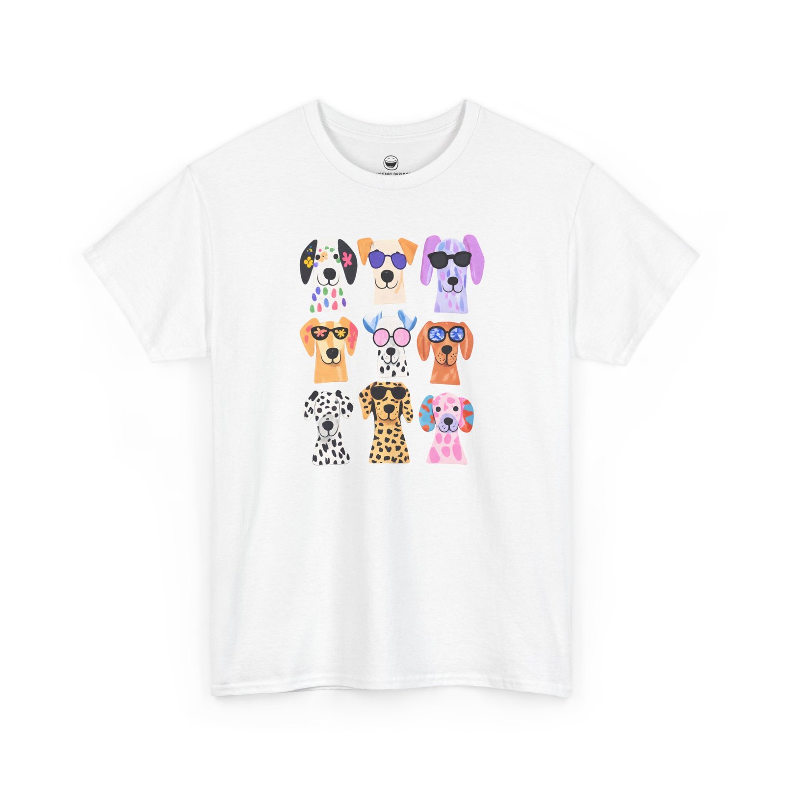 Cute dogs t-shirt with a playful grid of nine colorful, stylized puppy faces featuring bright patterns and fun sunglasses, printed on a White color cotton shirt.
