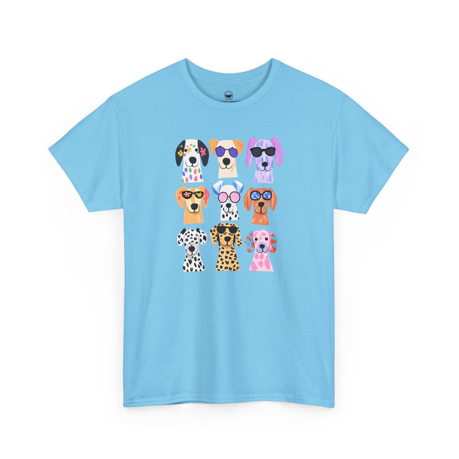 Cute dogs t-shirt with a playful grid of nine colorful, stylized puppy faces featuring bright patterns and fun sunglasses, printed on a Sky Blue color cotton shirt.