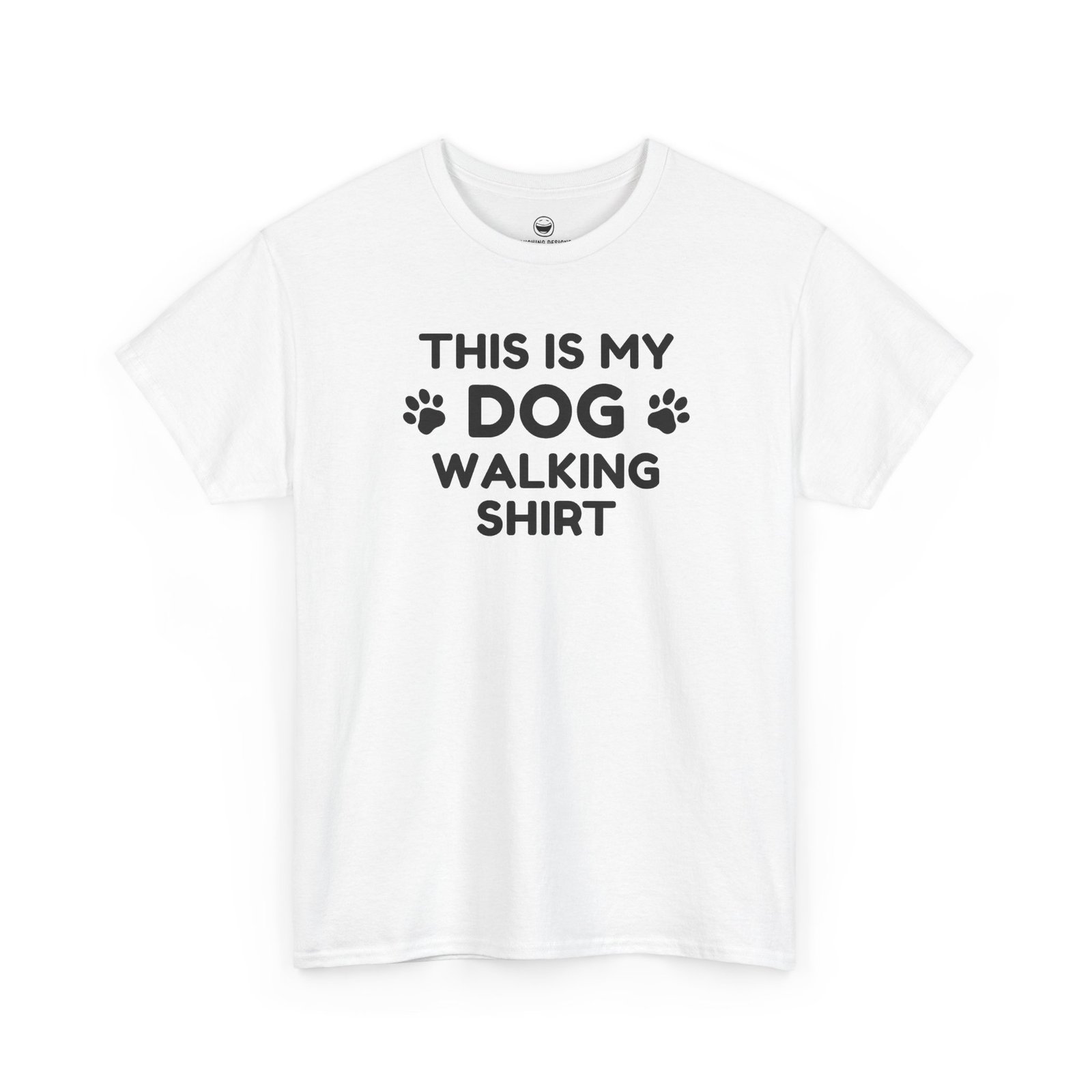 Funny Dog Walking T-Shirt with clean text reading "THIS IS MY DOG WALKING SHIRT" stacked across four lines with paw print icons flanking the word "DOG", printed on a White color cotton shirt.