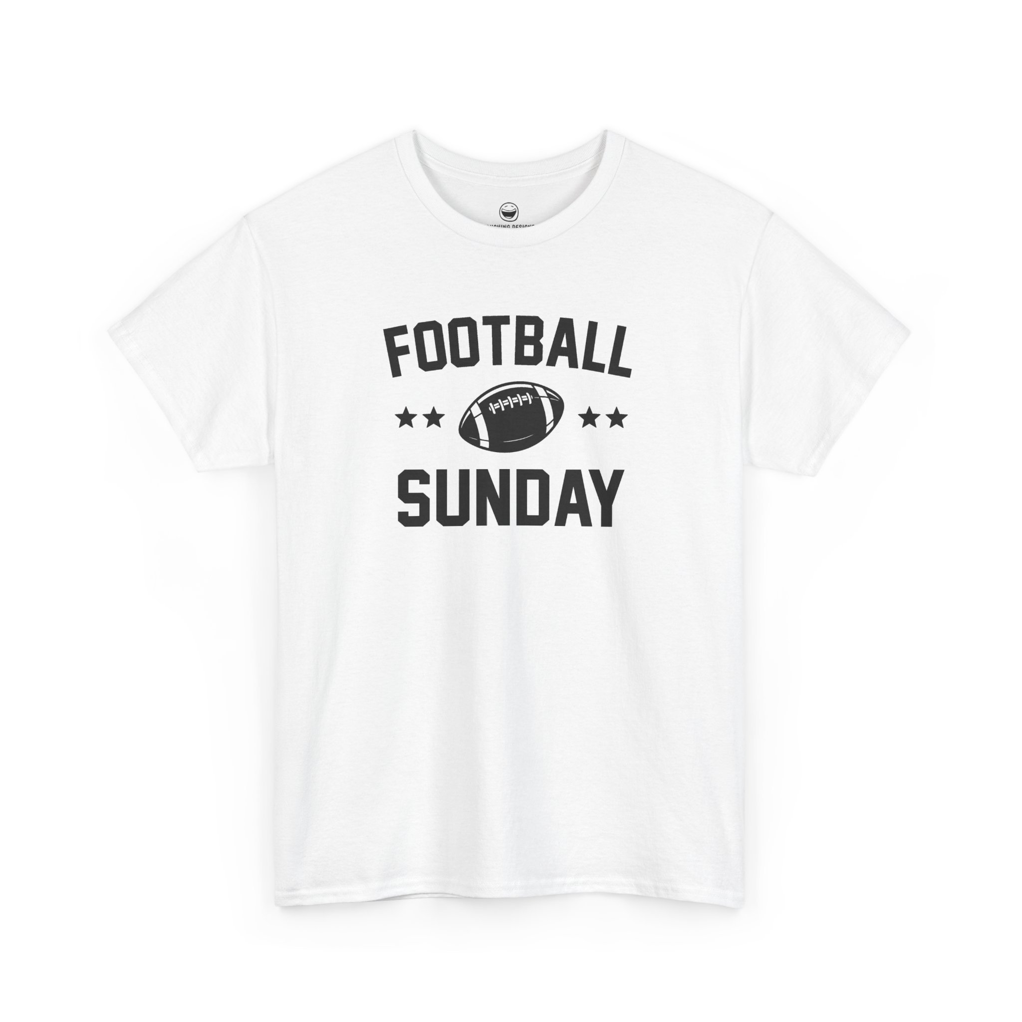 Football Sunday T-Shirt with varsity text reading "FOOTBALL SUNDAY" arched around a detailed football graphic flanked by two stars on each side, printed on a White color cotton shirt.