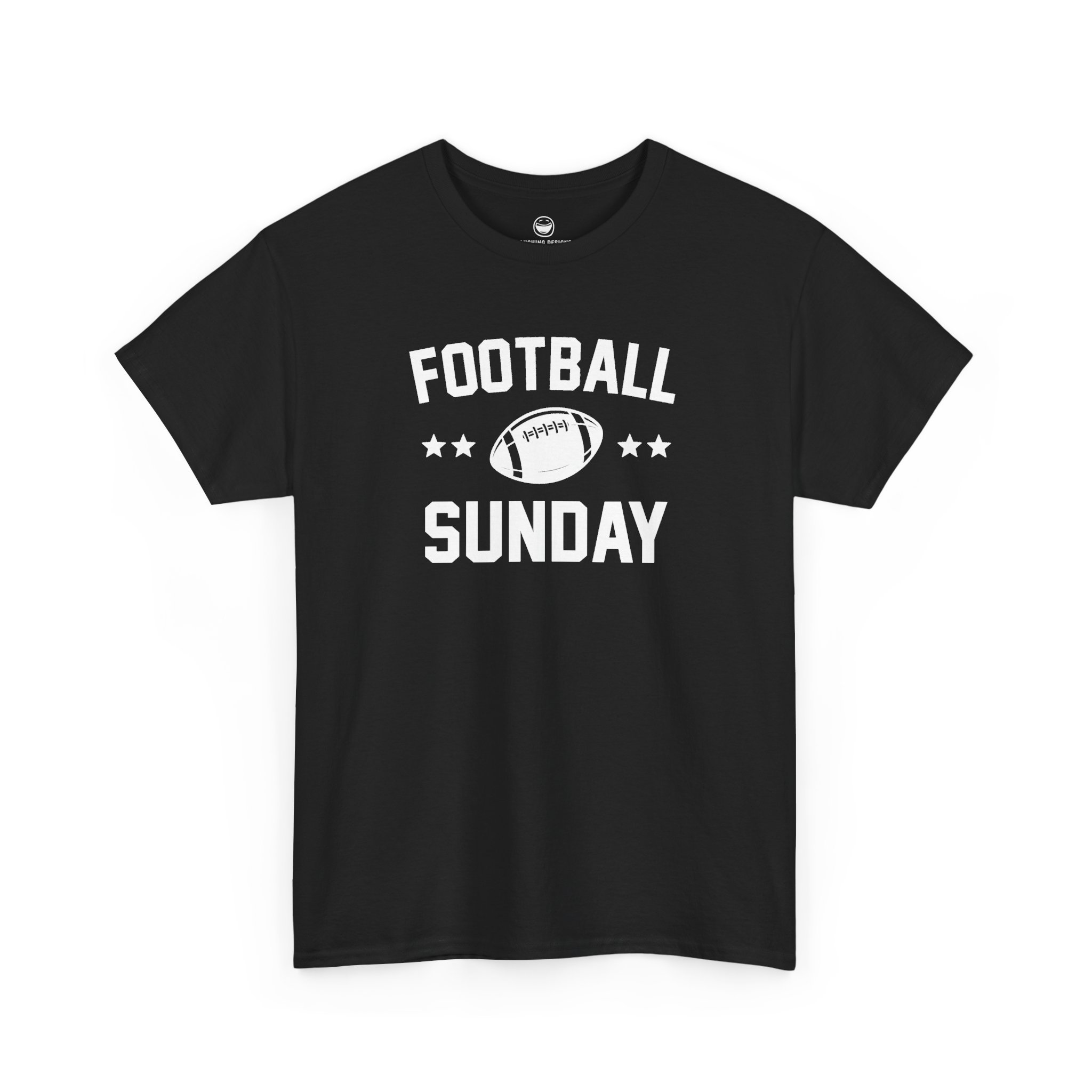 Football Sunday T-Shirt with varsity text reading "FOOTBALL SUNDAY" arched around a detailed football graphic flanked by two stars on each side, printed on a Black color cotton shirt.