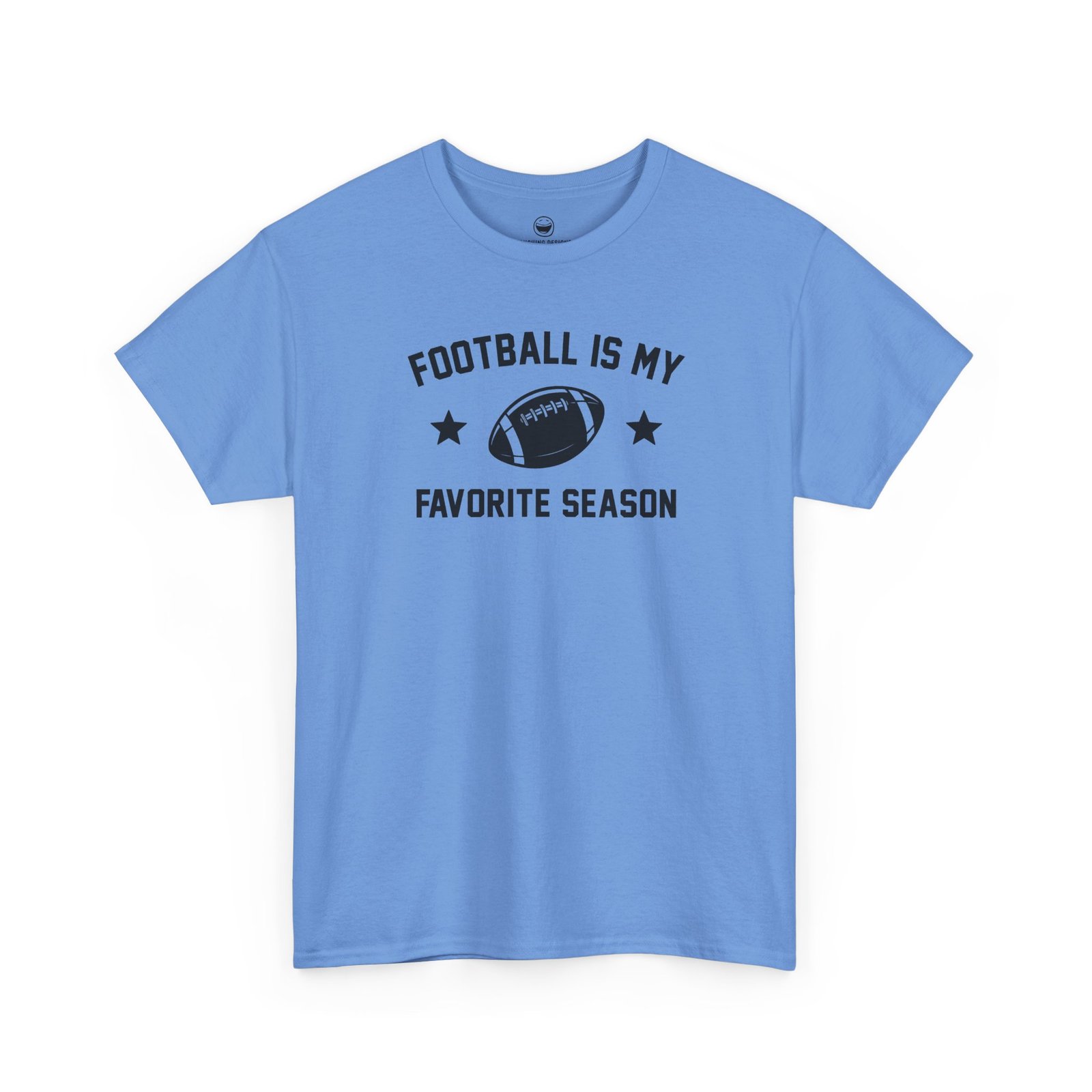 Fun Football Is My Favorite Season T-Shirt with varsity text reading "FOOTBALL IS MY FAVORITE SEASON" surrounding a football graphic and accent stars, printed on a Carolina Blue color cotton shirt.