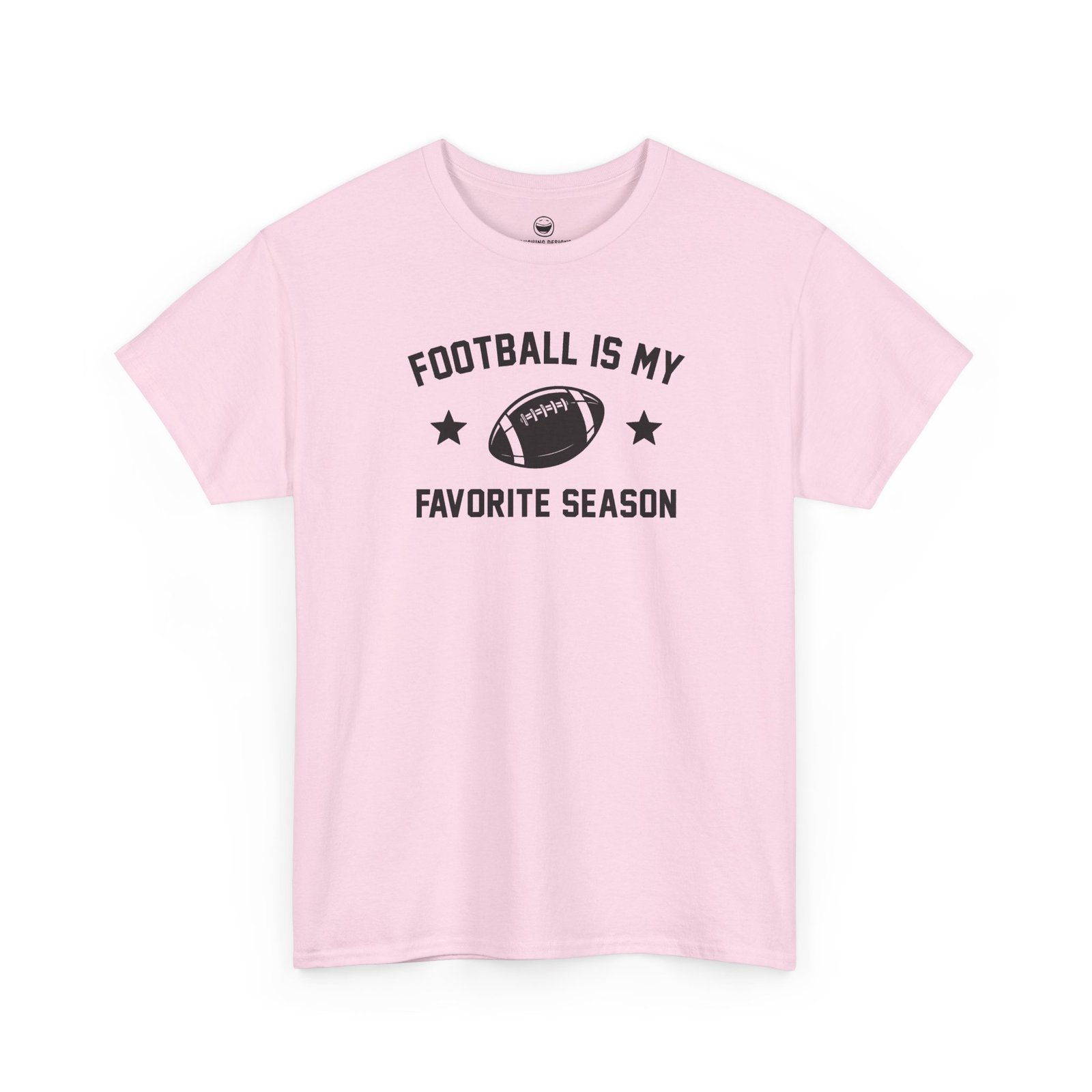 Fun Football Is My Favorite Season T-Shirt with varsity text reading "FOOTBALL IS MY FAVORITE SEASON" surrounding a football graphic and accent stars, printed on a Light Pink color cotton shirt.