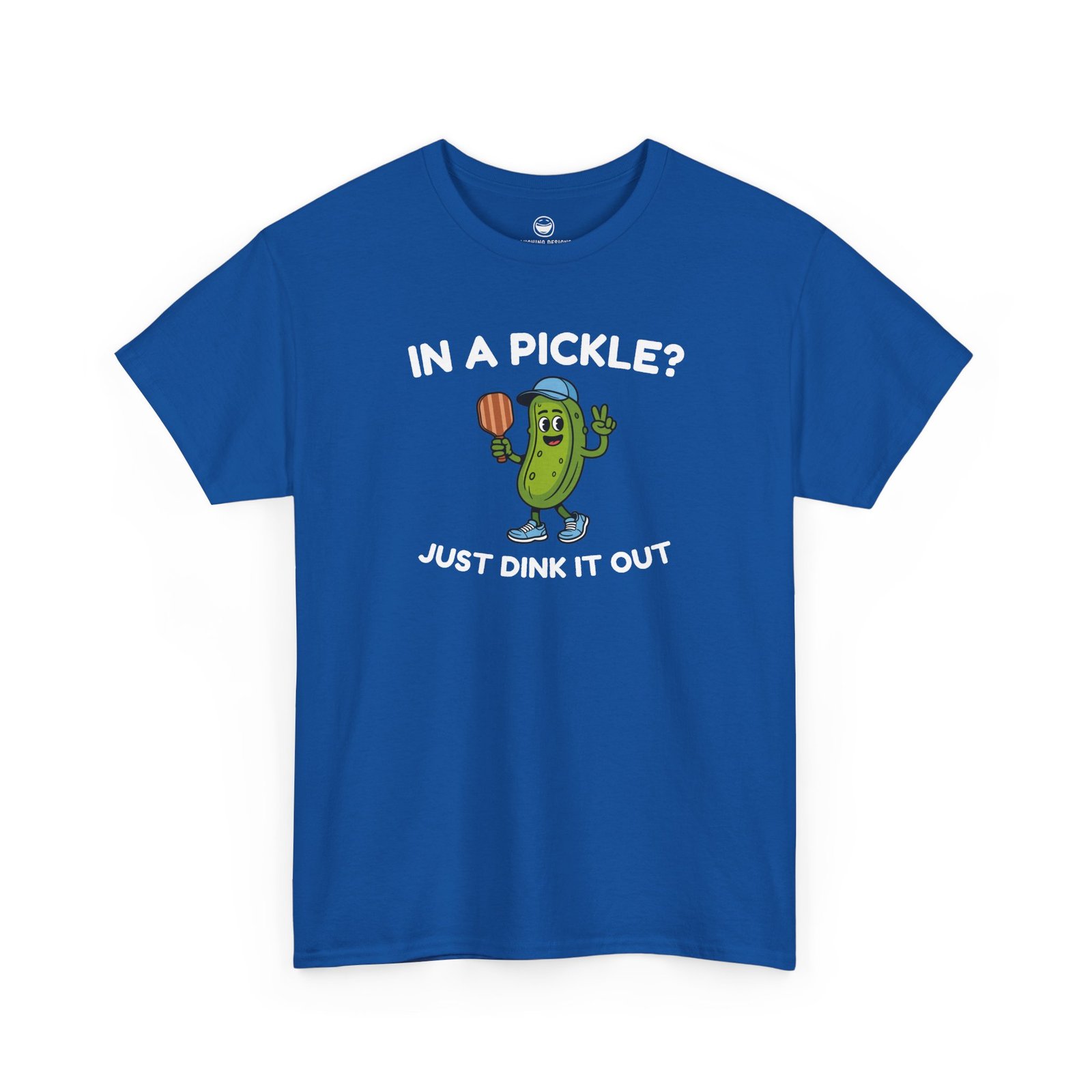 Funny Pickleball T-Shirt with a cartoon pickle character wearing a cap and holding a paddle between text reading "IN A PICKLE? JUST DINK IT OUT", printed on a Royal Blue color cotton shirt.