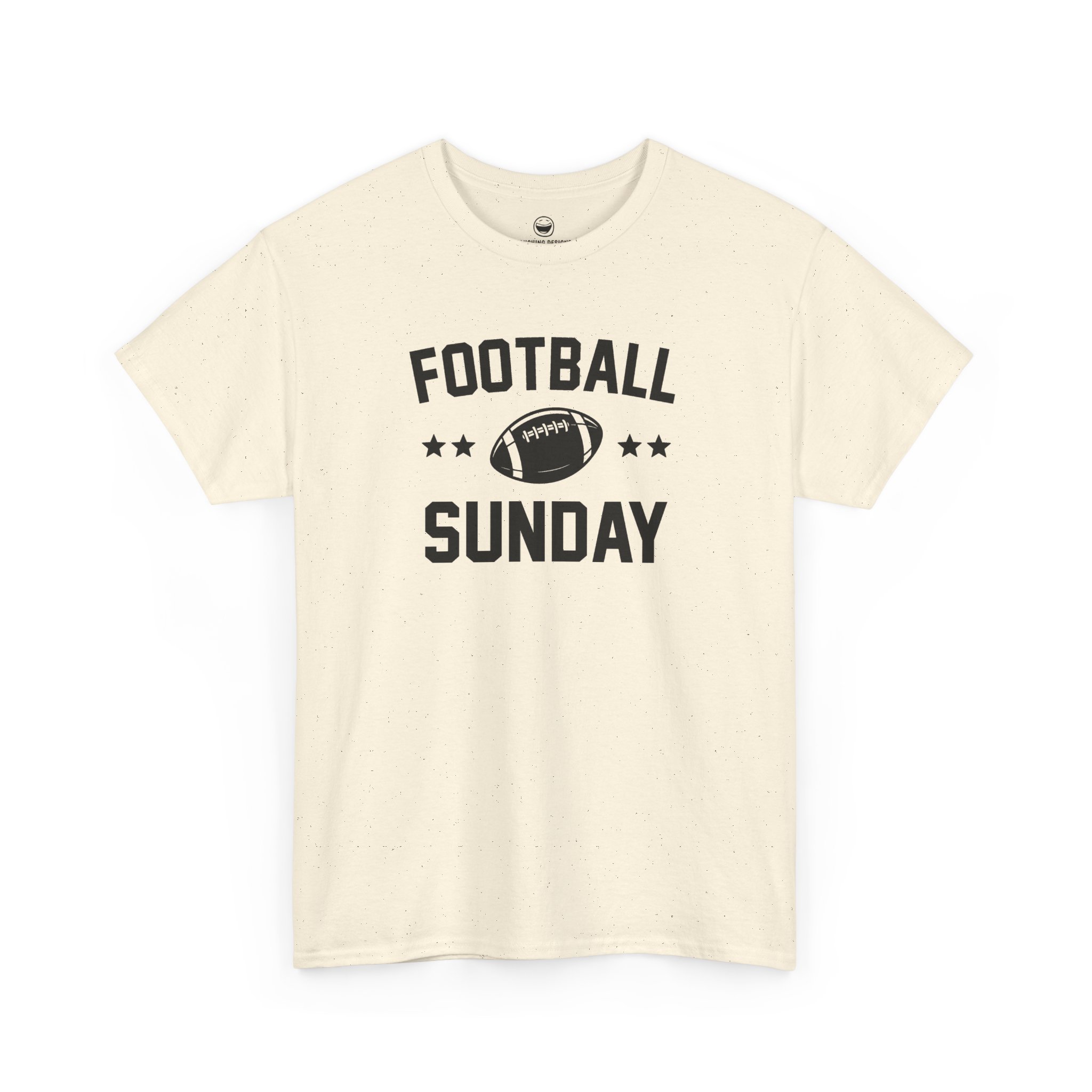 Football Sunday T-Shirt with varsity text reading "FOOTBALL SUNDAY" arched around a detailed football graphic flanked by two stars on each side, printed on a Natural Cream color cotton shirt.