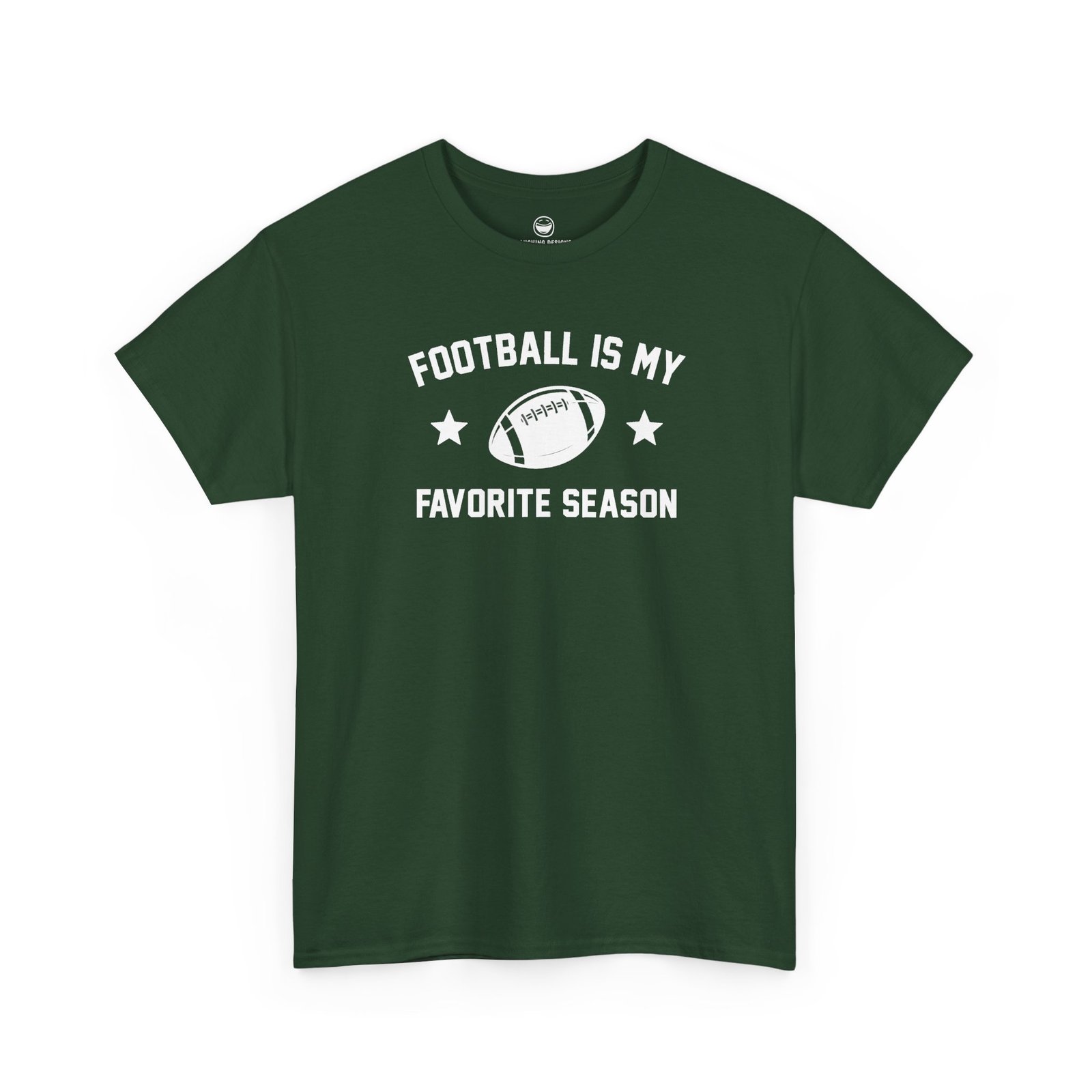 Fun Football Is My Favorite Season T-Shirt with varsity text reading "FOOTBALL IS MY FAVORITE SEASON" surrounding a football graphic and accent stars, printed on a Forest Green color cotton shirt.