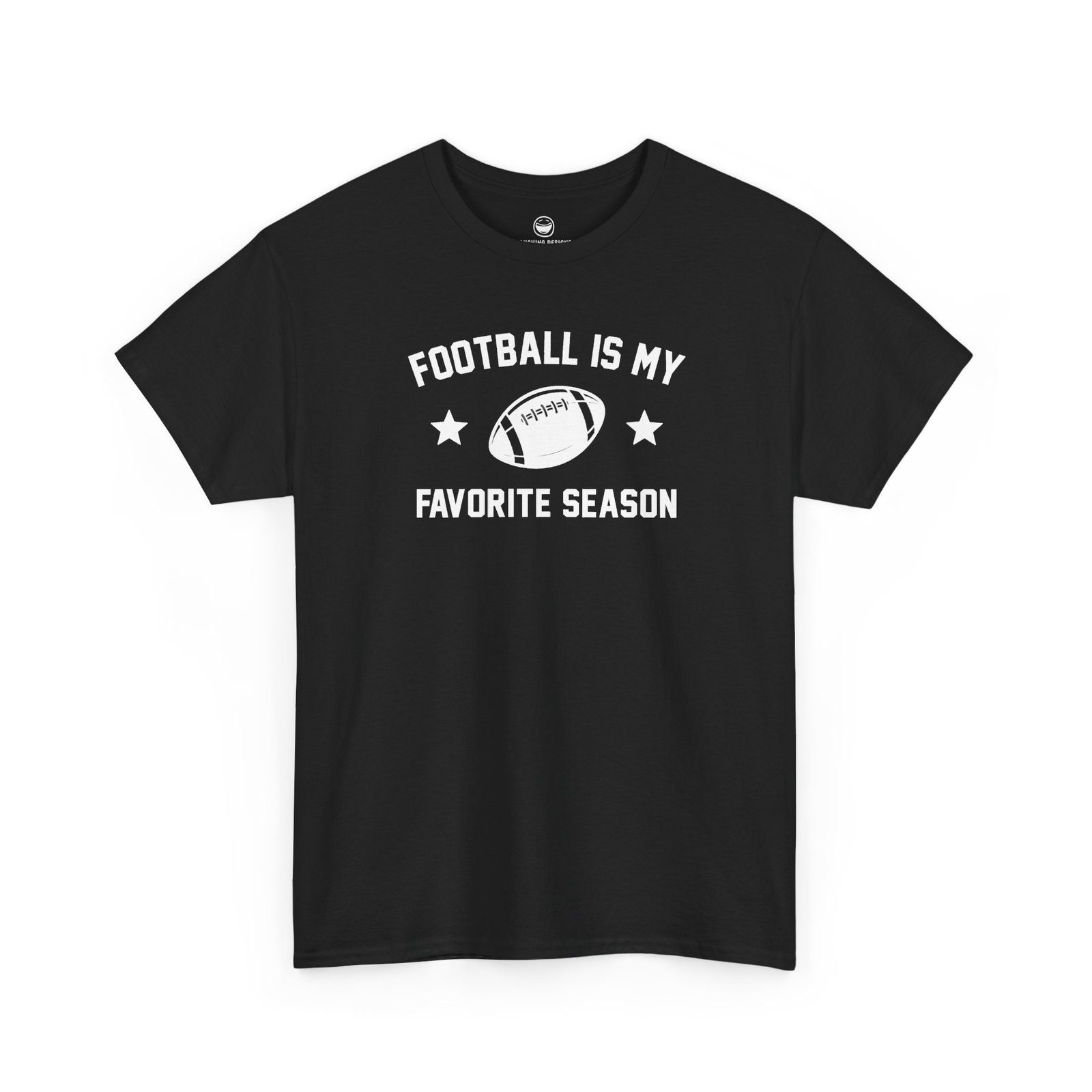 Fun Football Is My Favorite Season T-Shirt with varsity text reading "FOOTBALL IS MY FAVORITE SEASON" surrounding a football graphic and accent stars, printed on a Black color cotton shirt.