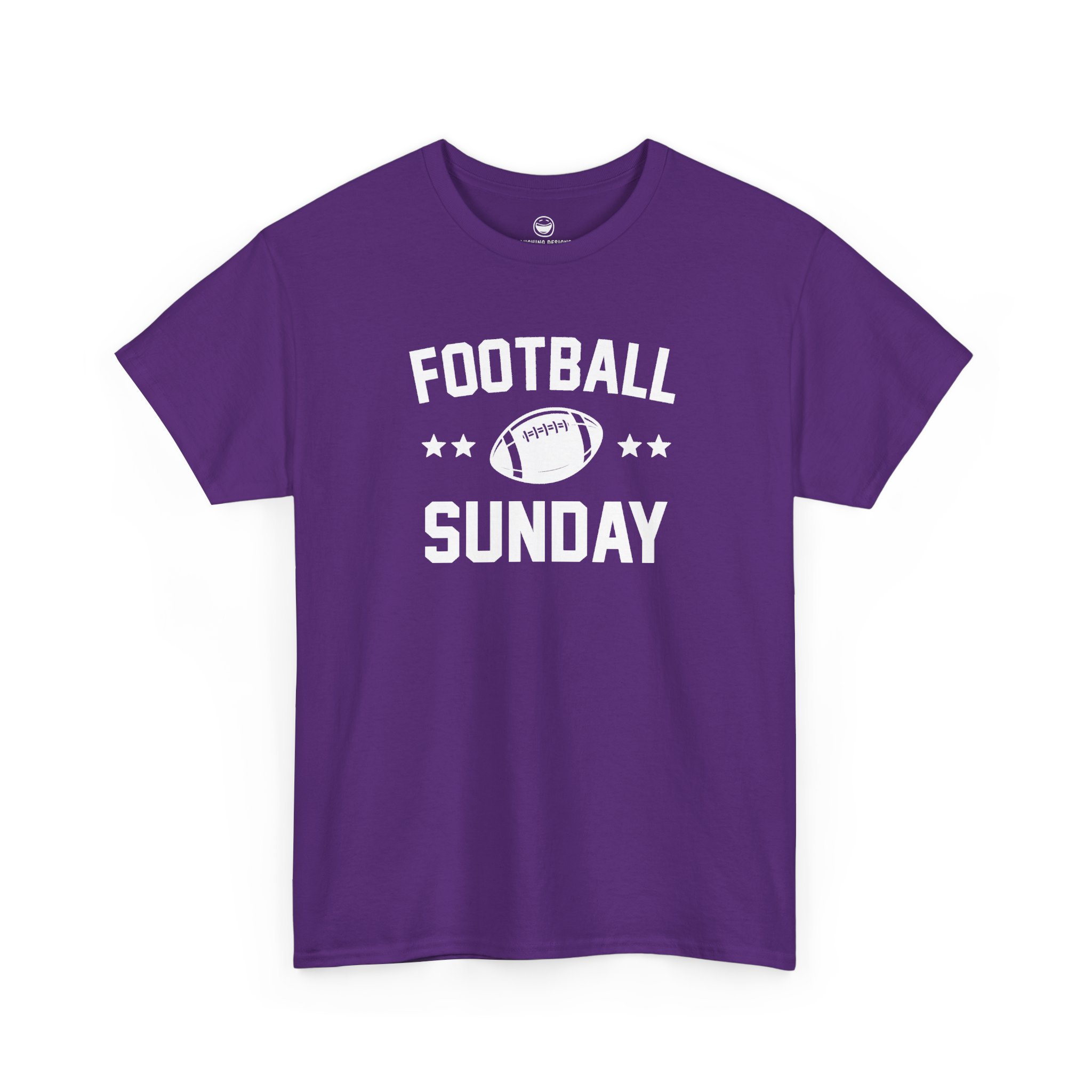Football Sunday T-Shirt with varsity text reading "FOOTBALL SUNDAY" arched around a detailed football graphic flanked by two stars on each side, printed on a Purple color cotton shirt.