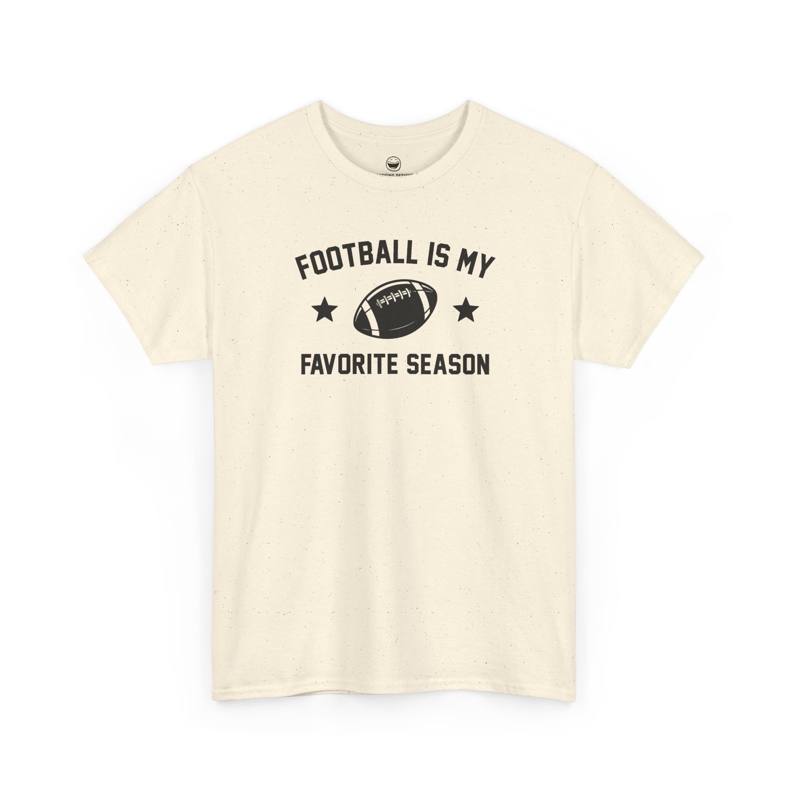 Fun Football Is My Favorite Season T-Shirt with varsity text reading "FOOTBALL IS MY FAVORITE SEASON" surrounding a football graphic and accent stars, printed on a Natural Cream color cotton shirt.