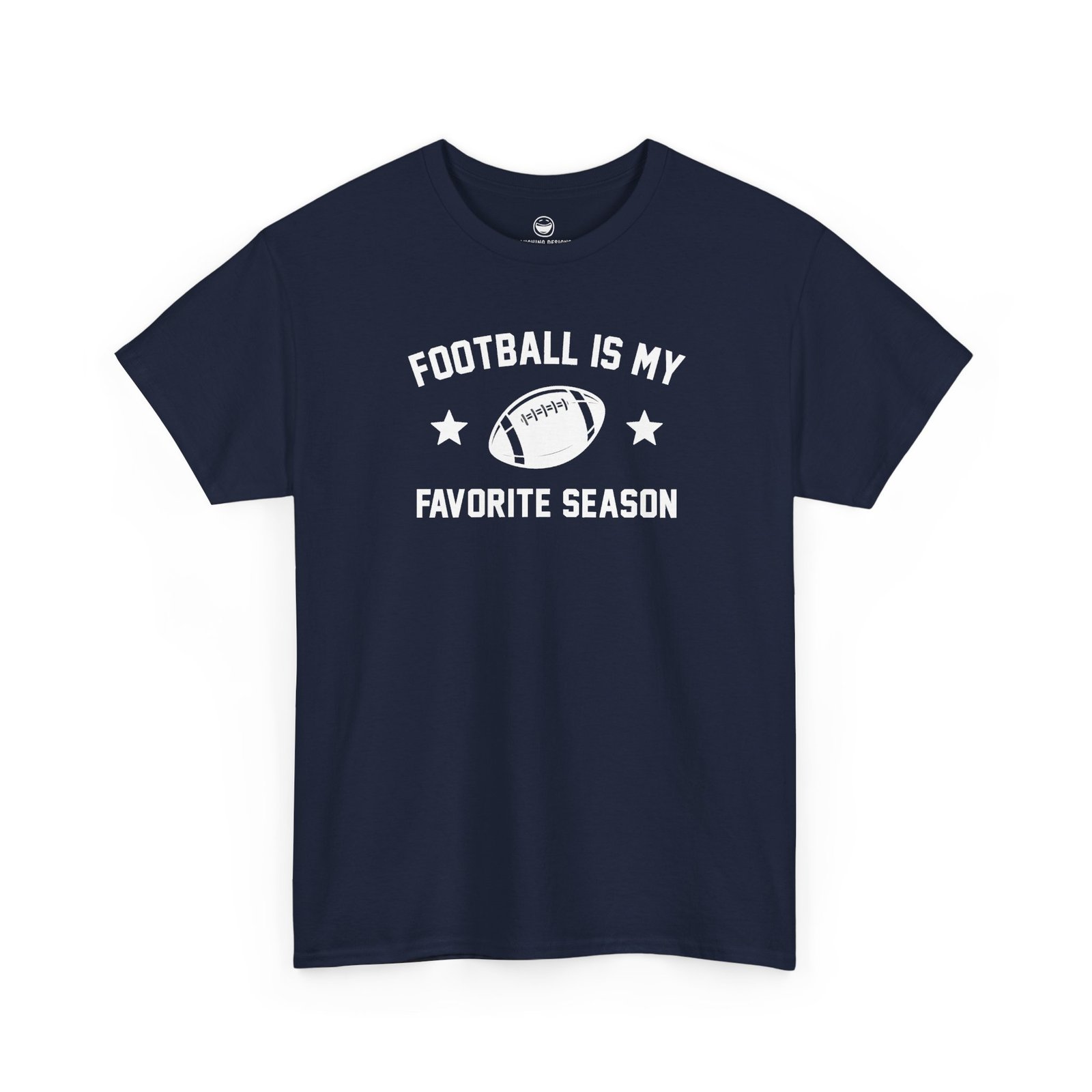 Fun Football Is My Favorite Season T-Shirt with varsity text reading "FOOTBALL IS MY FAVORITE SEASON" surrounding a football graphic and accent stars, printed on a Navy Blue color cotton shirt.
