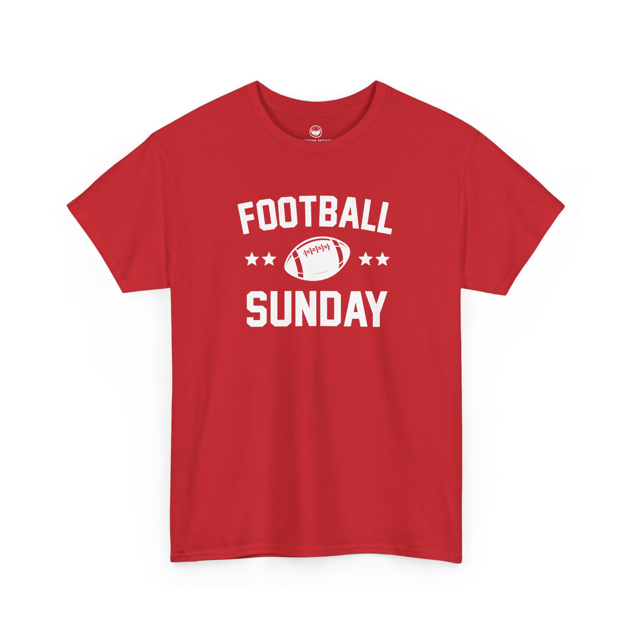 Football Sunday T-Shirt with varsity text reading "FOOTBALL SUNDAY" arched around a detailed football graphic flanked by two stars on each side, printed on a Red color cotton shirt.