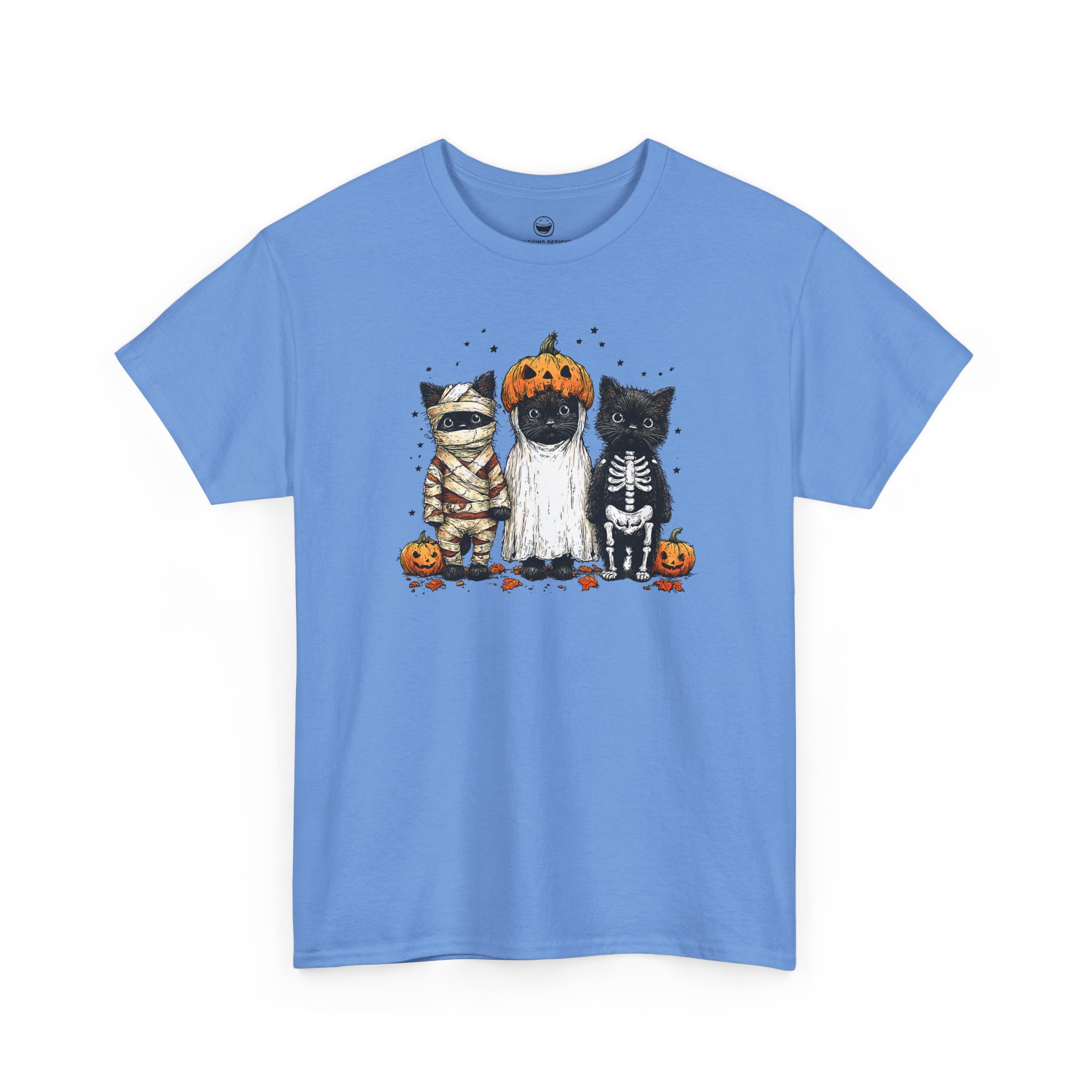 Funny Halloween Cats T-Shirt with black cats in mummy ghost and skeleton costumes on a Carolina Blue cotton shirt.