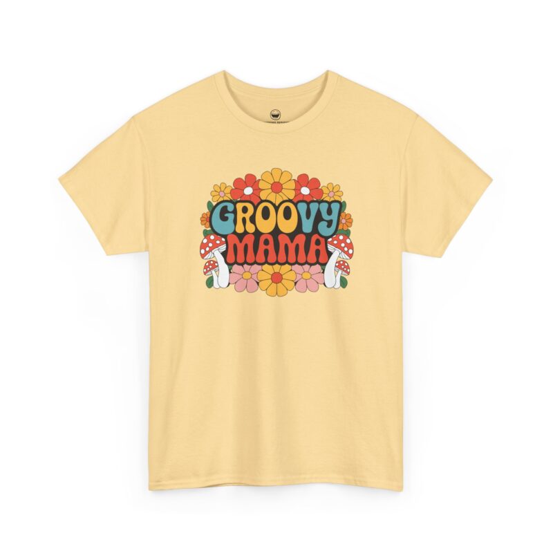 Groovy Mama T-Shirt with retro flowers, mushrooms, and quote Groovy Mama on a Yellow Haze cotton shirt.