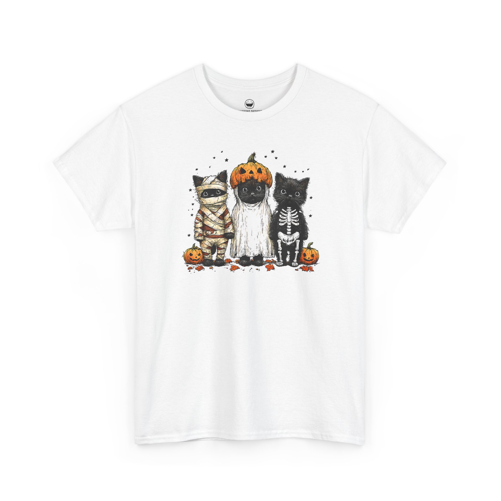 Funny Halloween Cats T-Shirt with black cats in mummy ghost and skeleton costumes on a White cotton shirt.