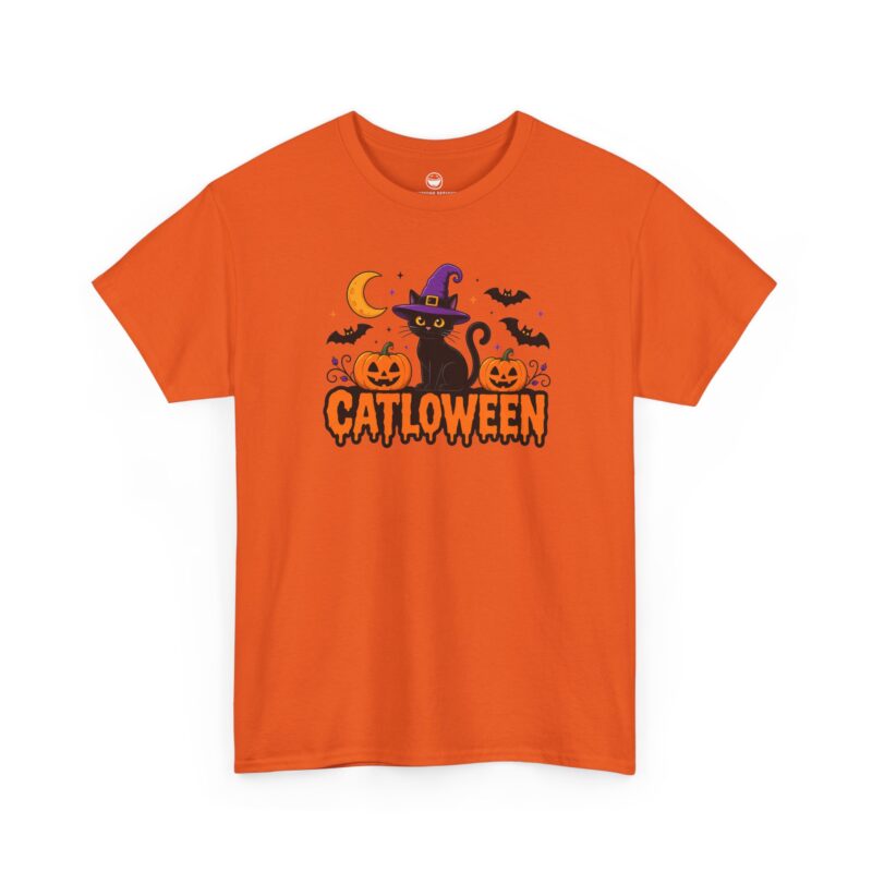 Catloween T-Shirt with witch hat black cat, pumpkins, and quote Catloween on a Orange cotton shirt.