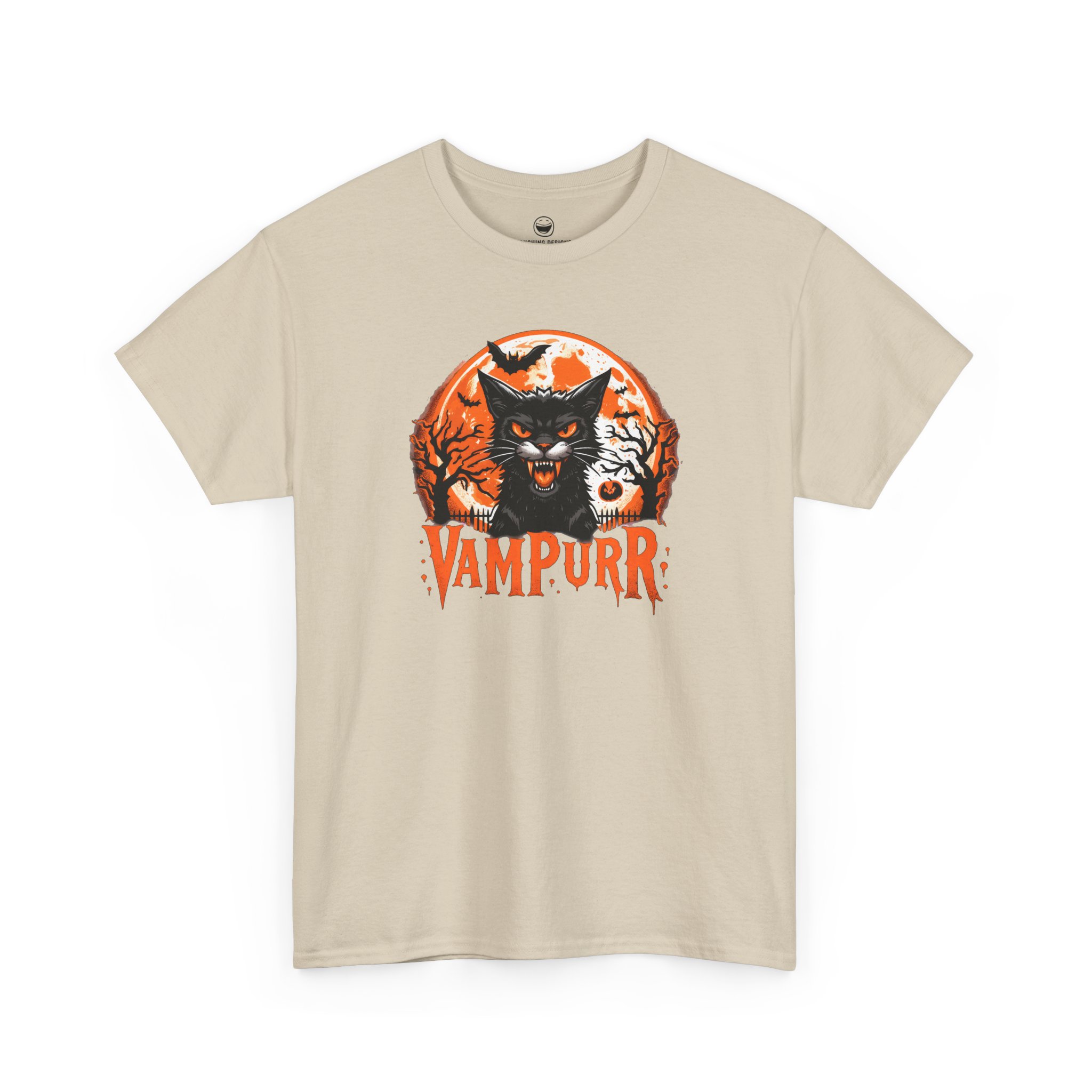 Vampurr T-Shirt with hissing vampire black cat and quote Vampurr on a Sand color cotton shirt.