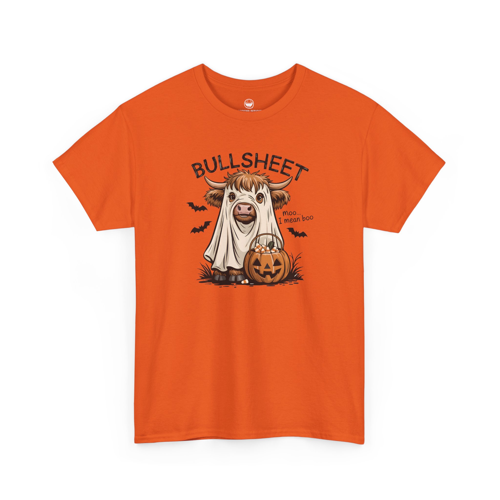 Bullsheet Halloween T-Shirt with ghost sheet Highland cow and quote Bullsheet moo I mean boo on a Orange cotton shirt.