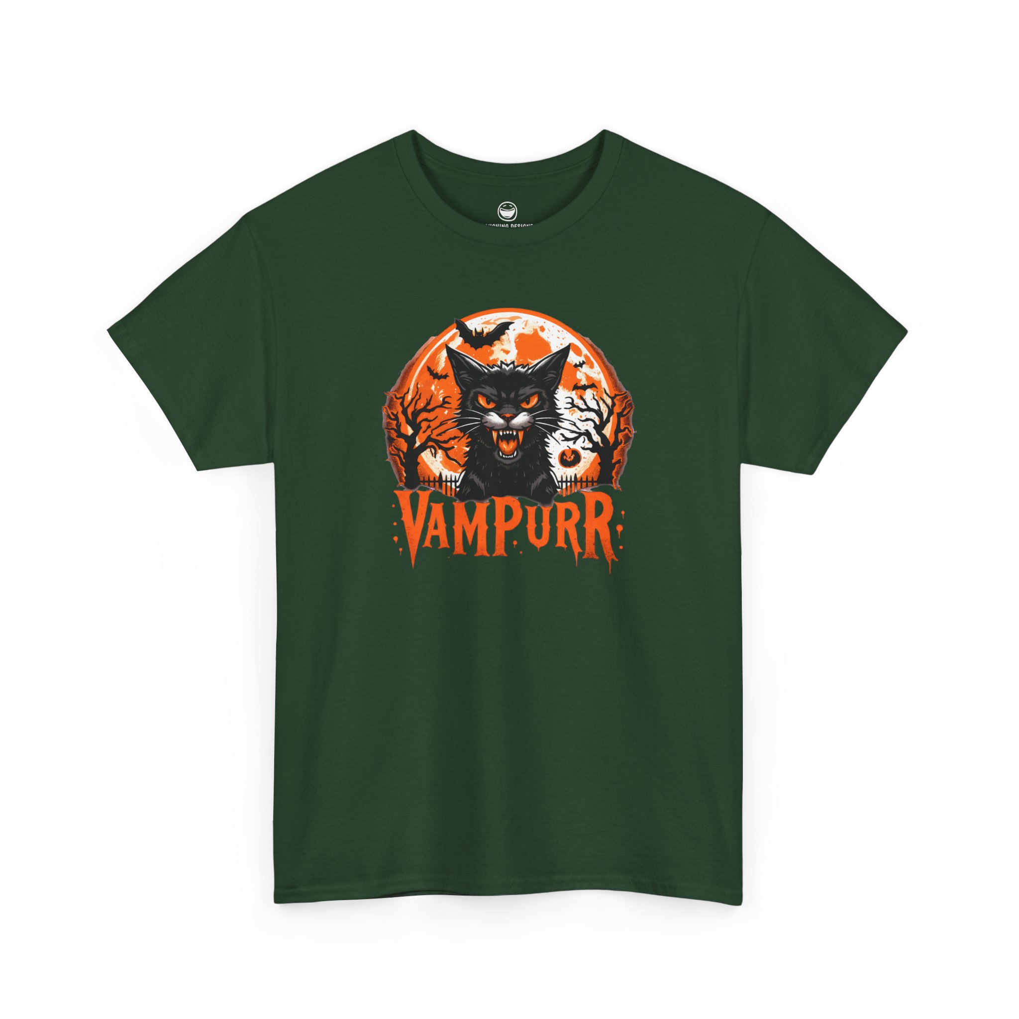 Vampurr T-Shirt with hissing vampire black cat and quote Vampurr on a Forest Green cotton shirt.