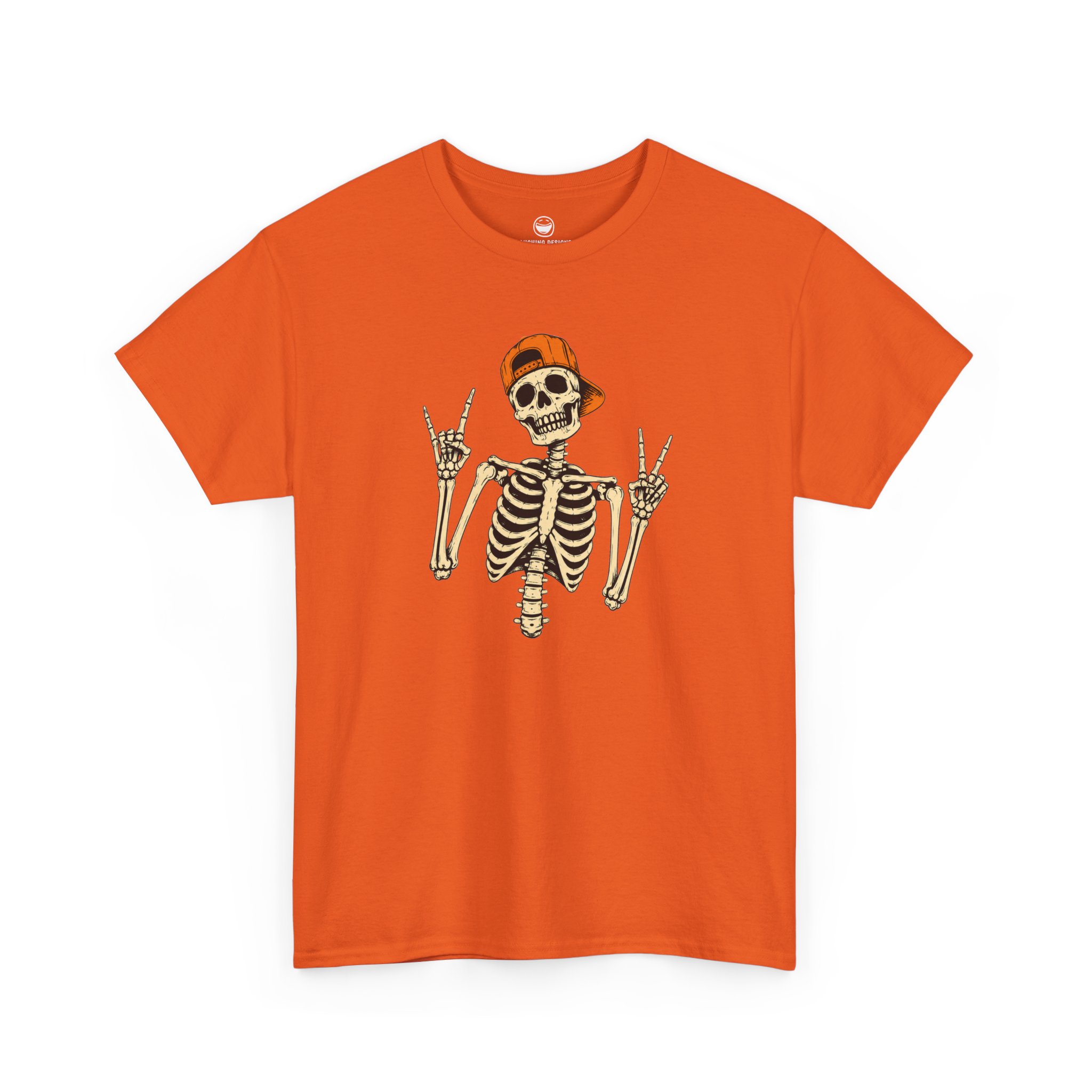 Skeleton Rocker T-Shirt with backwards hat skeleton flashing rock horns and peace sign on a Orange cotton shirt.