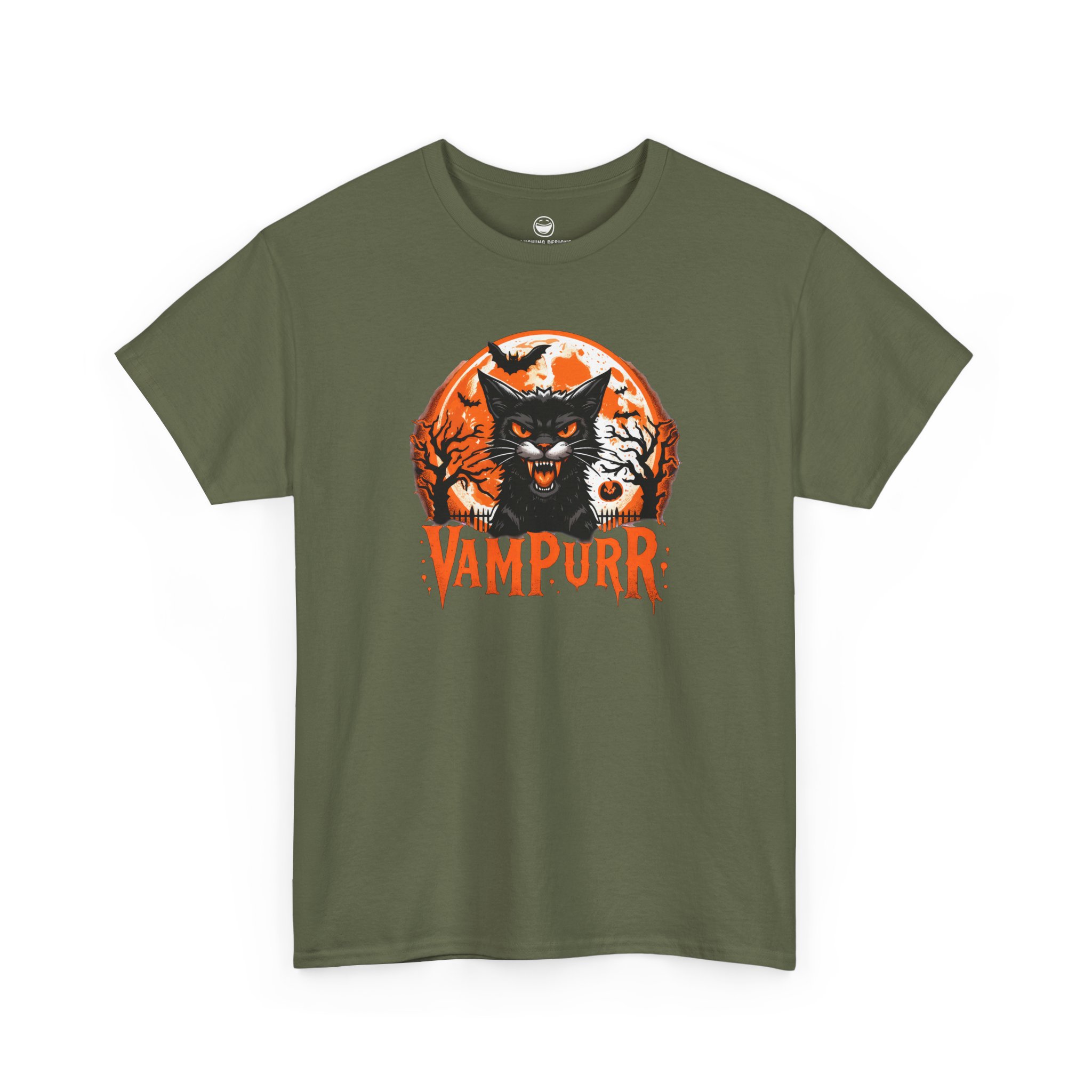 Vampurr T-Shirt with hissing vampire black cat and quote Vampurr on a Military Green cotton shirt.