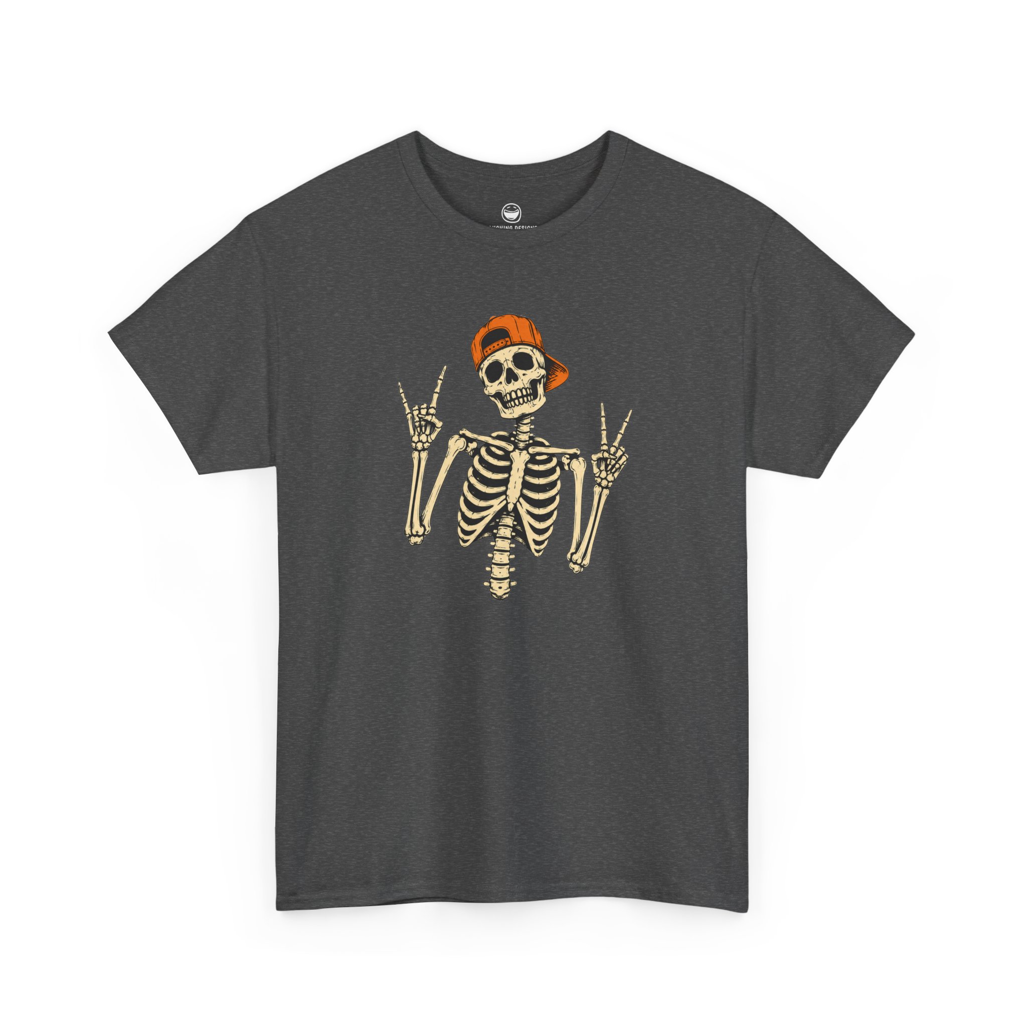 Skeleton Rocker T-Shirt with backwards hat skeleton flashing rock horns and peace sign on a Dark Heather cotton shirt.
