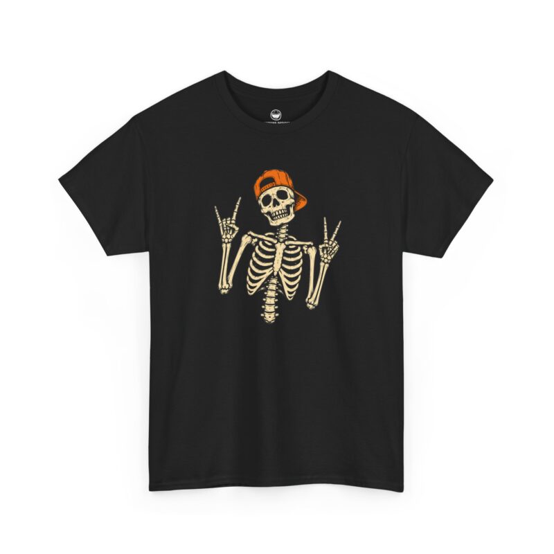 Skeleton Rocker T-Shirt with backwards hat skeleton flashing rock horns and peace sign on a Black cotton shirt.