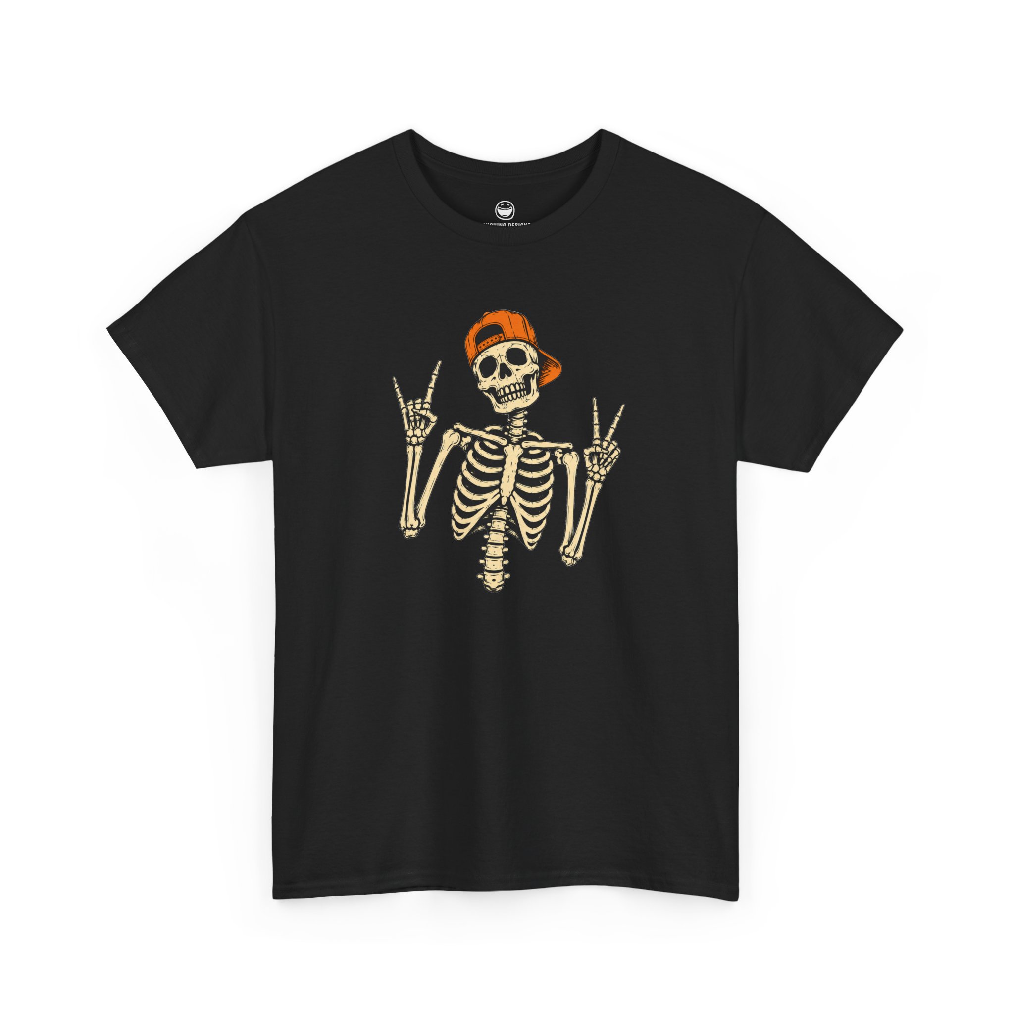 Skeleton Rocker T-Shirt with backwards hat skeleton flashing rock horns and peace sign on a Black cotton shirt.