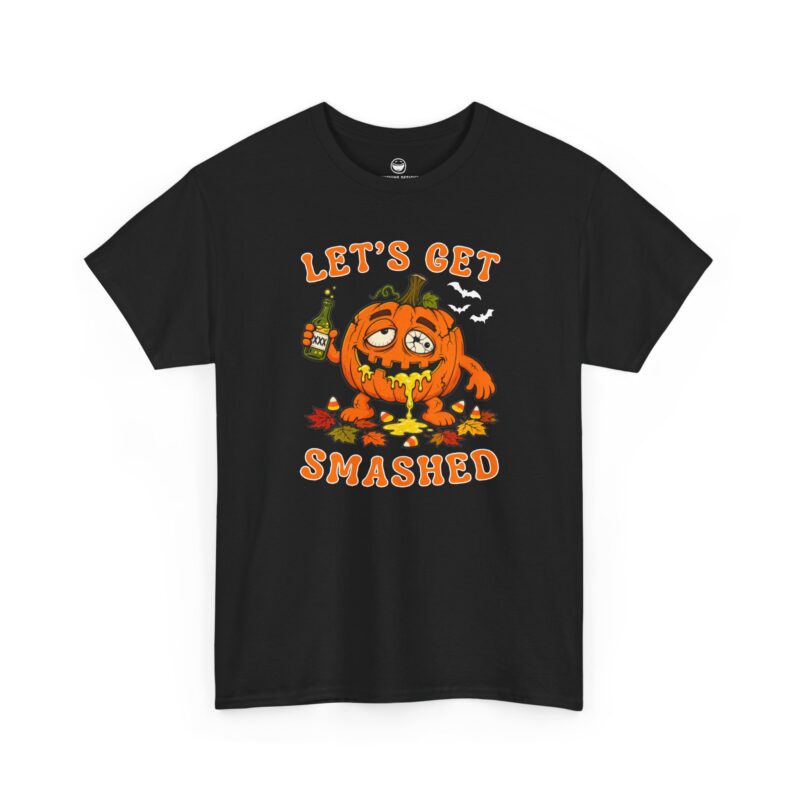 Let’s Get Smashed T-Shirt with funny cartoon smashed pumpkin and quote Let's Get Smashed on a Black cotton shirt.