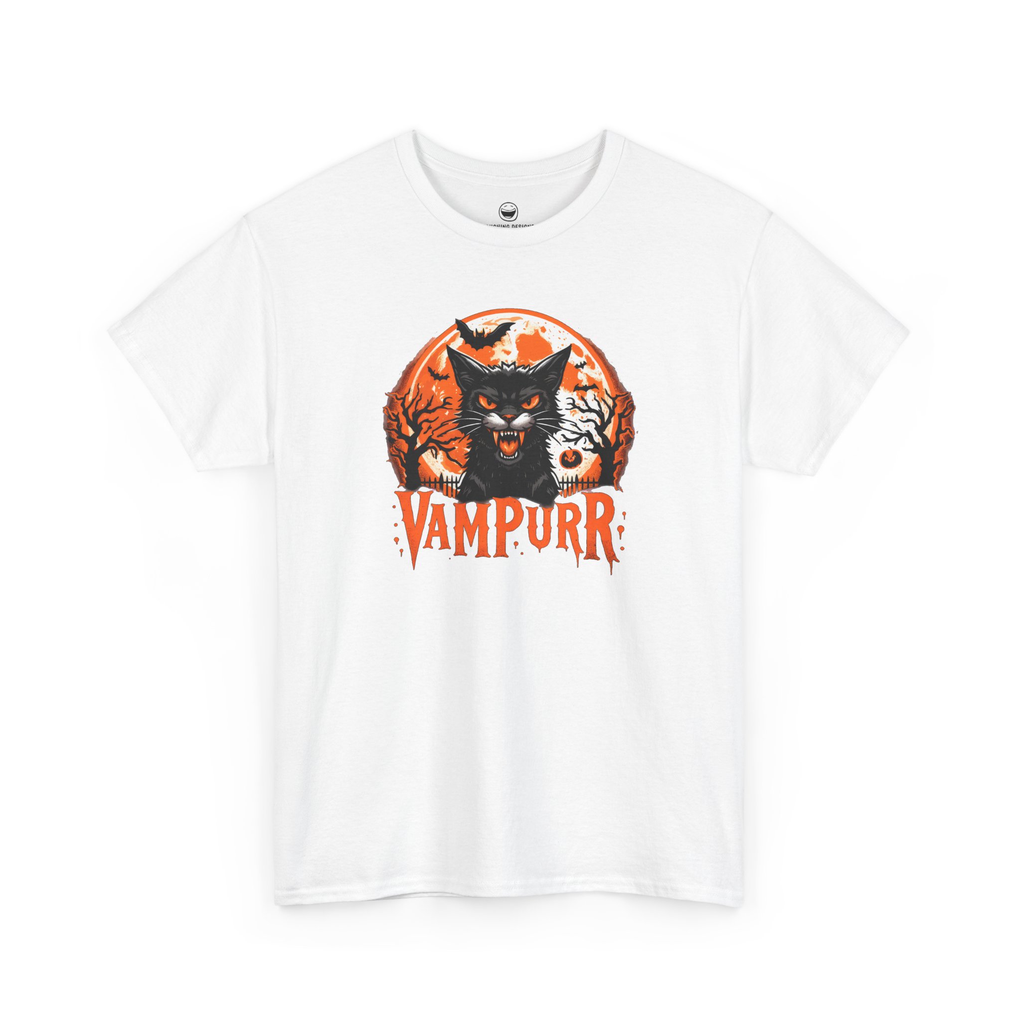 Vampurr T-Shirt with hissing vampire black cat and quote Vampurr on a White cotton shirt.