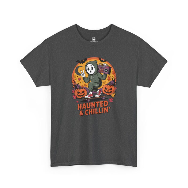 Haunted & Chillin T-Shirt with retro skateboarding ghost and boombox quote Haunted & Chillin on a Dark Heather cotton shirt.