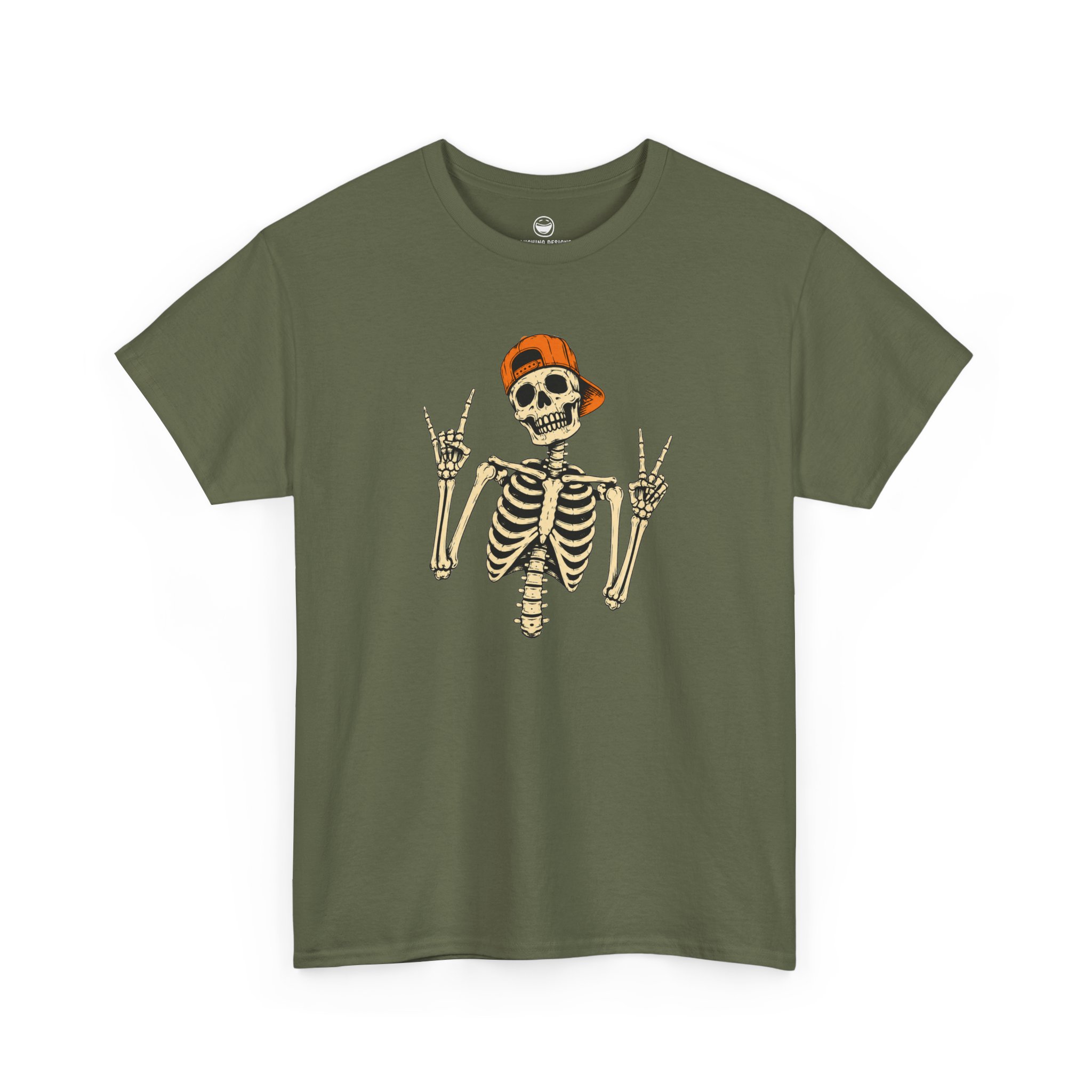 Skeleton Rocker T-Shirt with backwards hat skeleton flashing rock horns and peace sign on a Military Green cotton shirt.